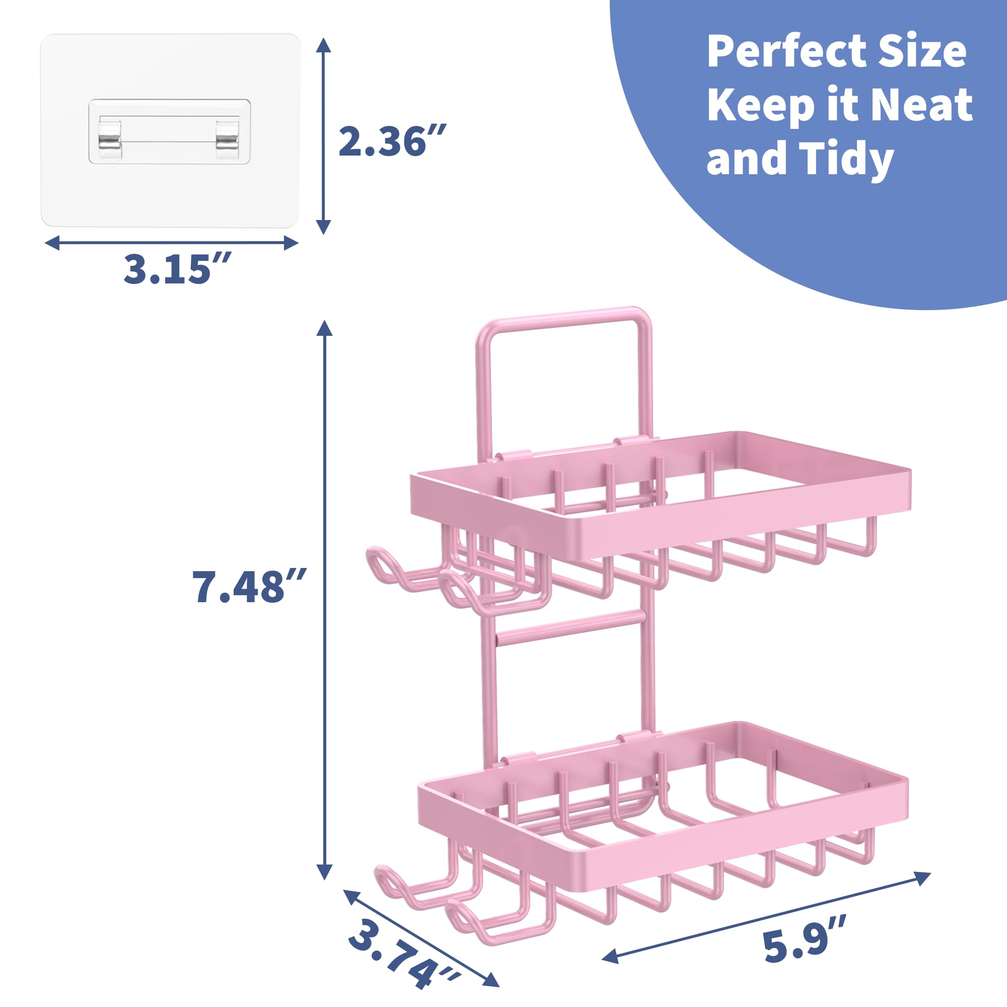 Moforoco Pink Double Soap Bar Holder For Shower, No Drilling, 304 Rustproof Stainless Steel, Wall Mounted Soap Holder With 4 Hoo