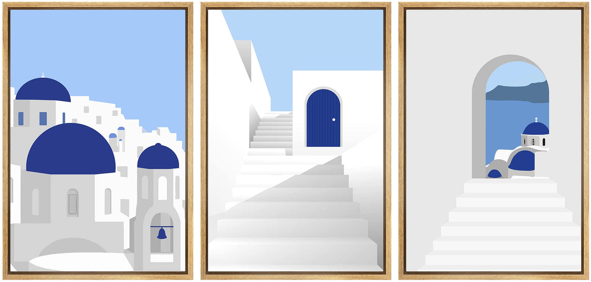 Signwin Framed Canvas Print Wall Art Set Greek Mediterranean Building Collage Places Country Illustrations Modern Bohemian Sceni