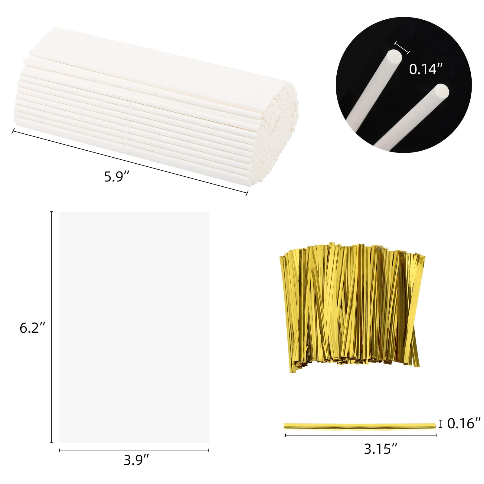 600 Pcs Cake Pop Sticks And Wrappers Kit, Including 6 Inch Paper Lollipop Sticks,4 X 6 Inches Clear Candy Treat Bags, Plastic Ca
