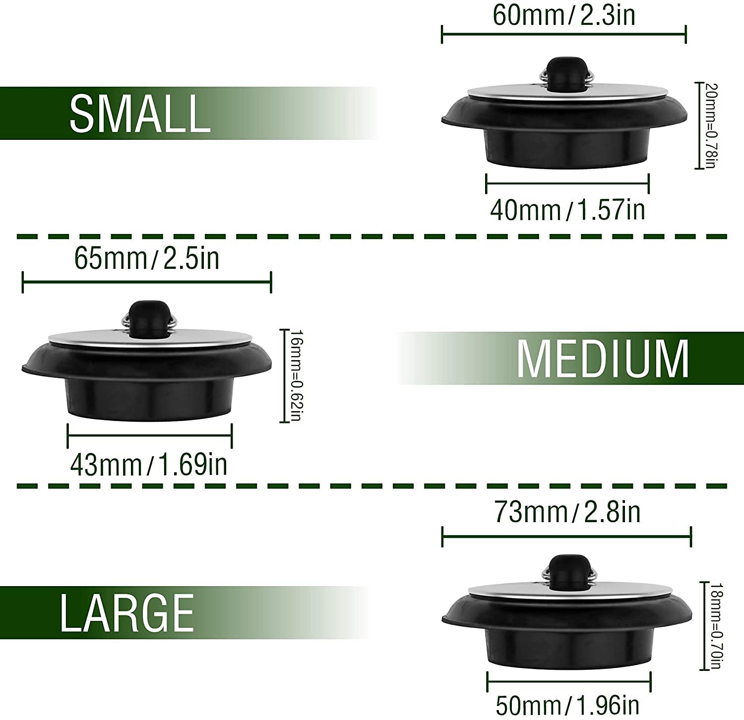 3Pcs Rubber Bath Tub Stopper Sink Plugs Kitchen Sink Drain Strainer With Stainless Steel Round Beaded Chain For 1-1/2 Inch To 2