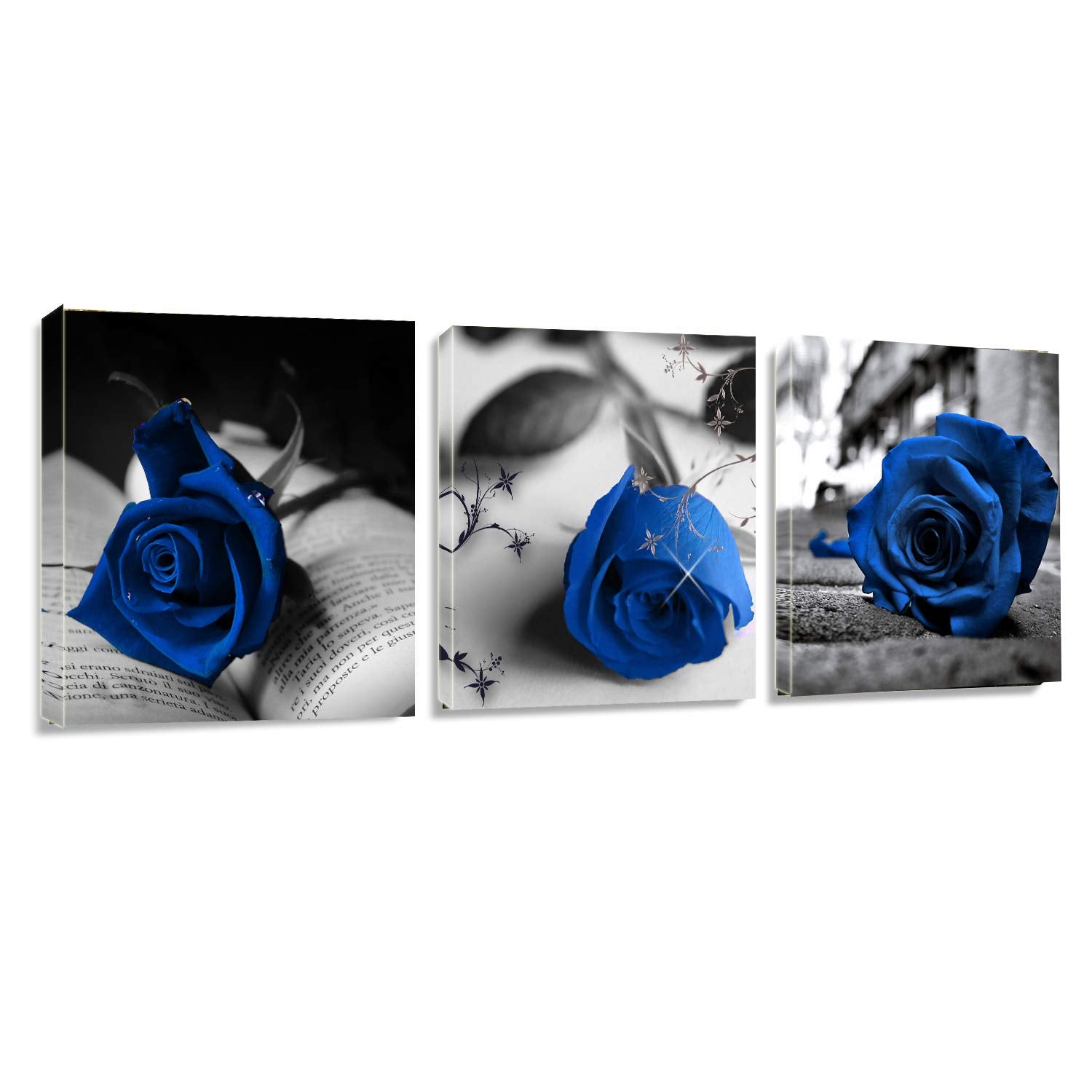 Canvas Wall Art Blue Rose Flowers On Book Pictures Painting -36'' X 12'' Gray Canvas Prints Framed For Home Bathroom Bedroom Wal