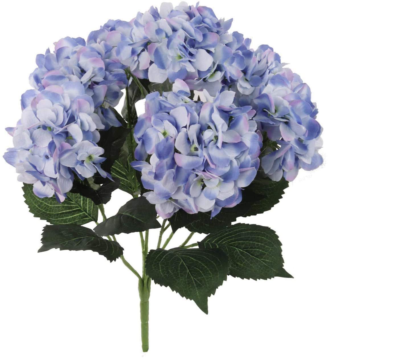 Larksilk Blue Hydrangea Silk Flower Bush - Real Touch, UV Resistant, 7 Heads Per Bush - Adjustable Stem, Rich Green Leaves - Per