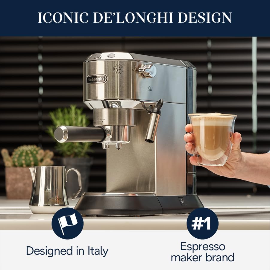 De'Longhi Dedica Ec680M, Espresso Machine, Coffee And Cappucino Maker With Milk Frother, Metal / Stainless, Compact Design 6 In