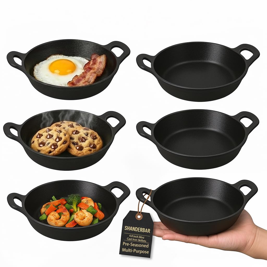 Set of 6 Mini Cast Iron Skillets with Handle, 4.8 x 4.8 x 1.3 Inch