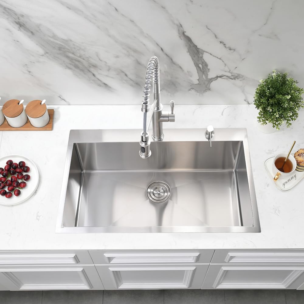 Jshozzy 28 Inch Drop In Kitchen Sink, 28'' X 19'' Kitchen Sink Drop In Single Bowl Deep Kitchen Sink 16 Gauge Stainless Steel Ki