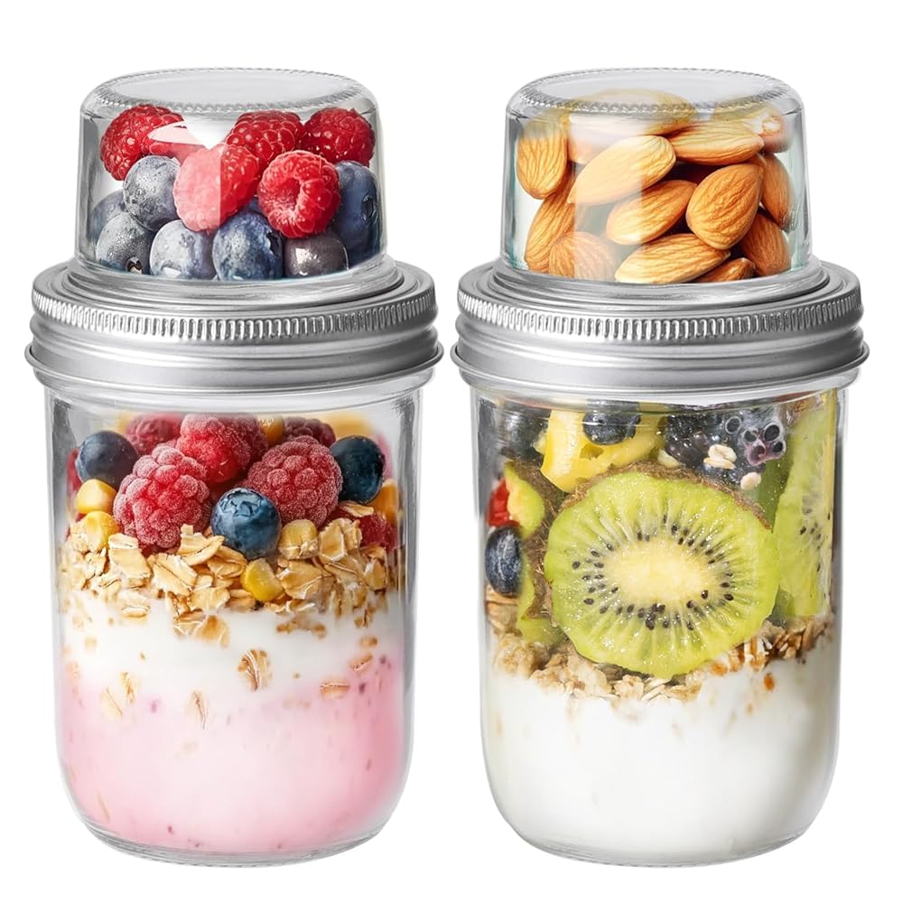 ComSaf Overnight Oats Containers with Lids (16OZ+4OZ, 2PCS) On-The-Go Dual-Laryer Yogurt Parfait Cups with Dry and Wet Separatio