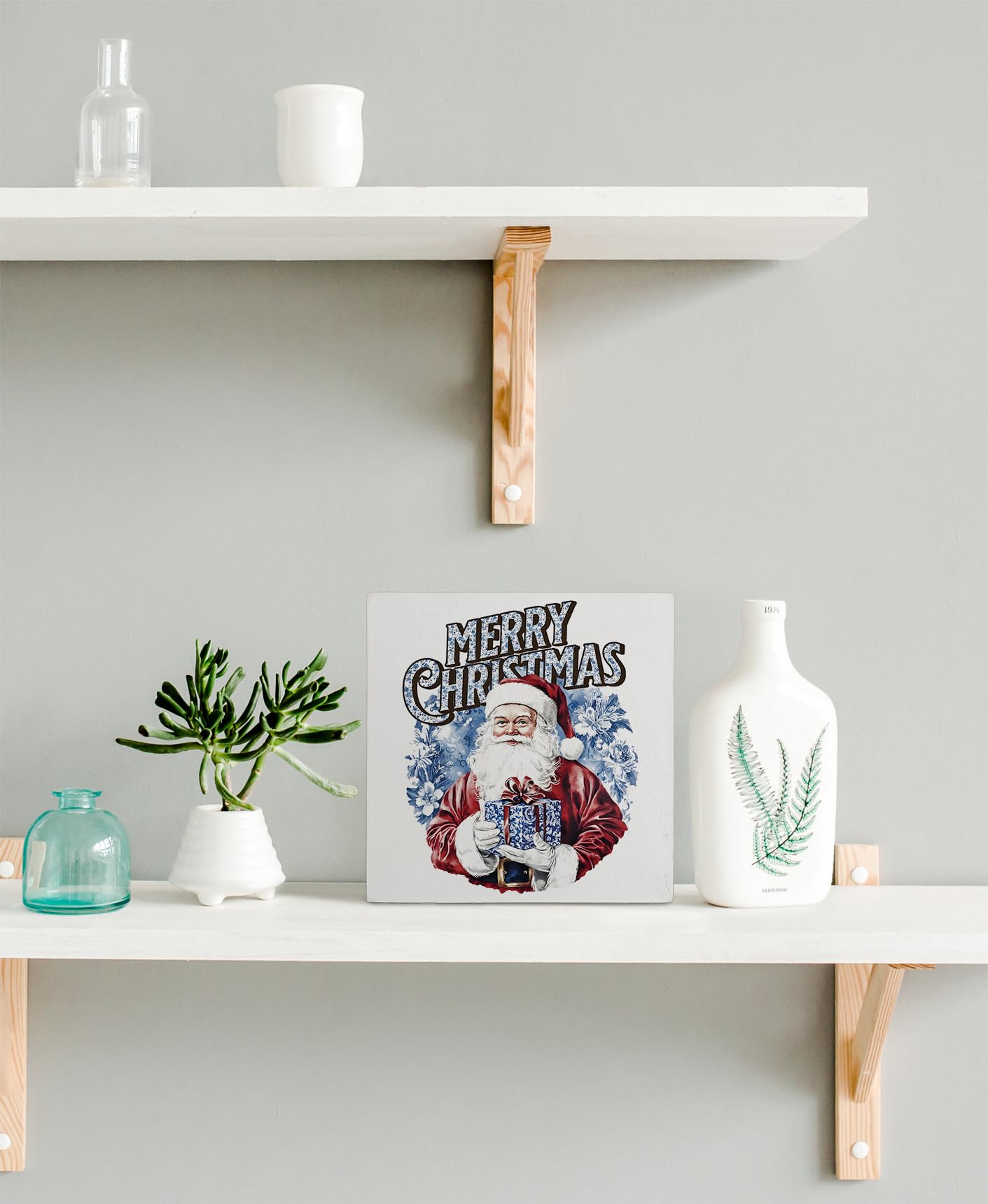 kunlisa Blue and White Chinoiserie Christmas Santa Wooden Sign, Grandmillennial Christmas Decor, Xmas Santa Holiday Wood Box Sig