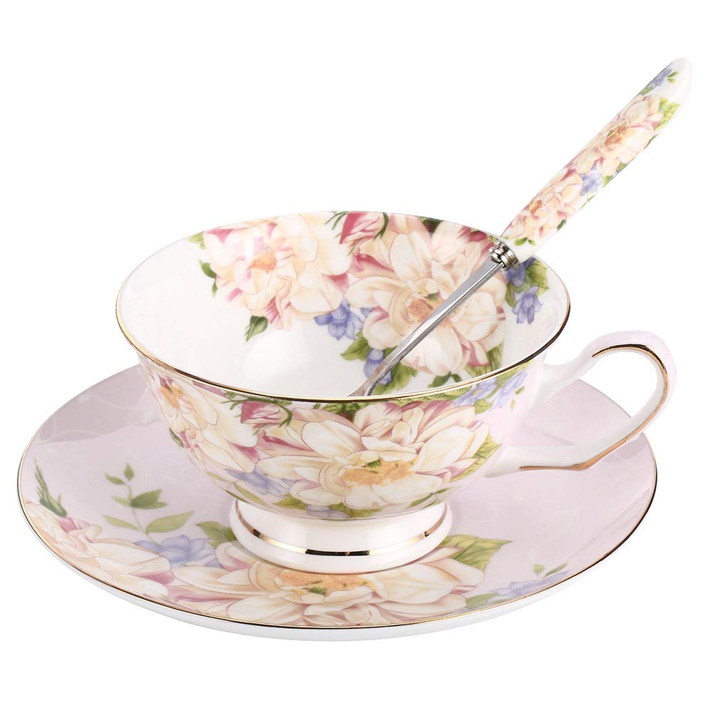 Jinglory Pink Tea Cup,Floral Tea Cup And Saucer Set,Bone China Tea Set,Coffee Cup,Tea Set For Adults/Friends/Women/Men,7Oz