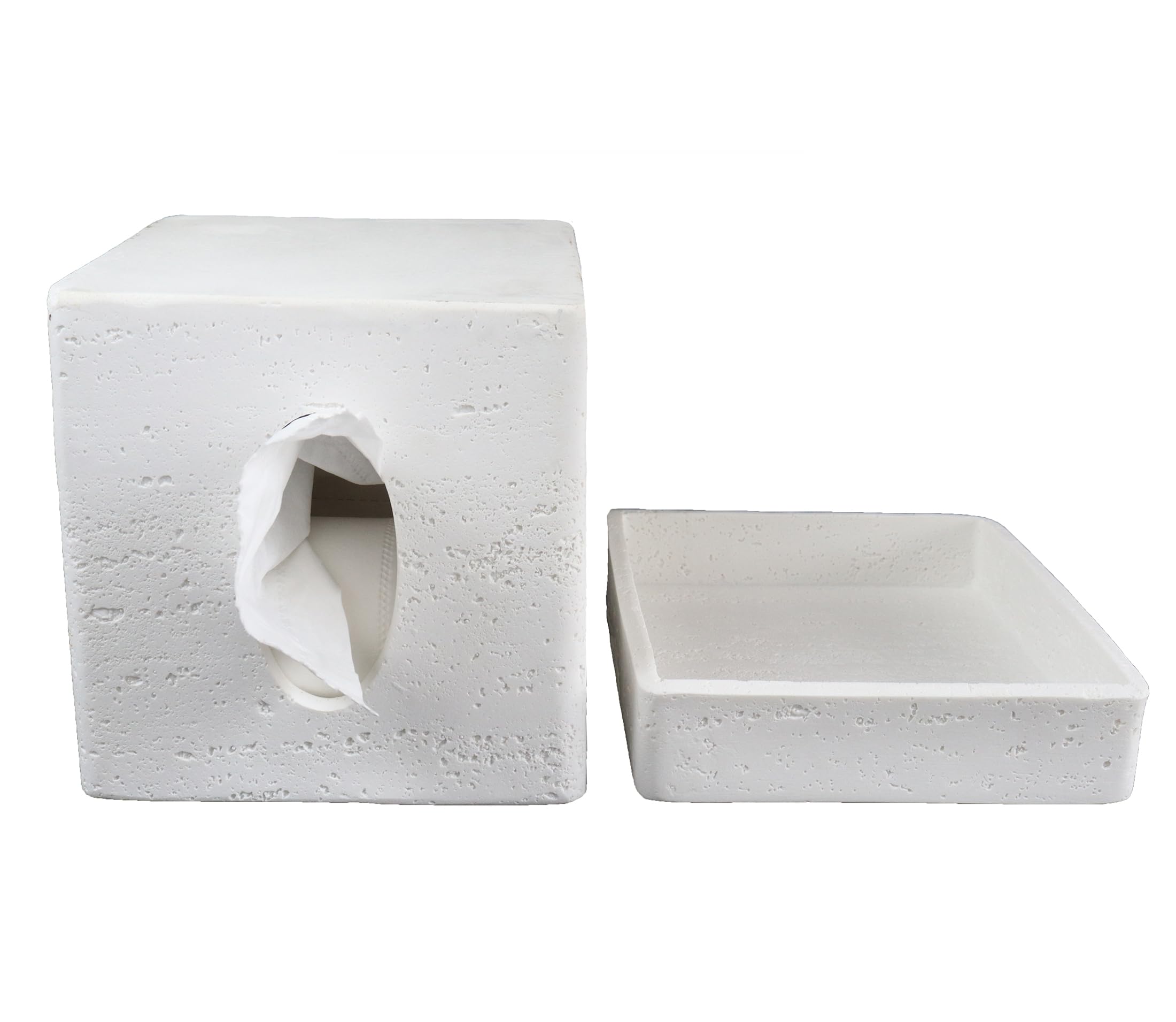 Hymmah White Square Tissue Box Cover Kleenex Box Holder With Tray,Unique Cube Design Kleenex Box Cover Decor For Vanity Counter