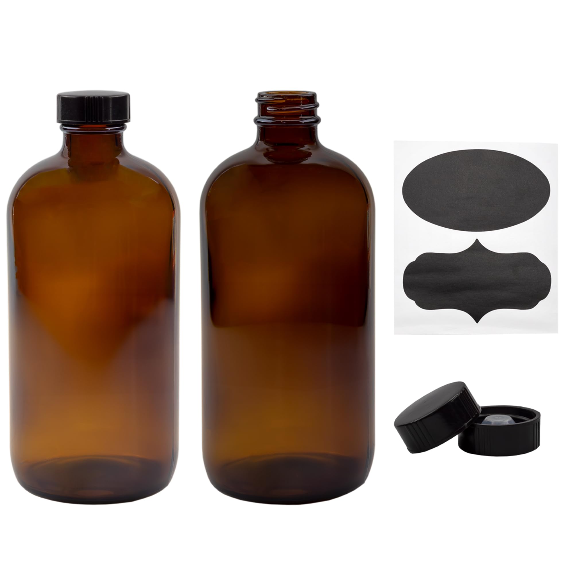 Cornucopia 16oz Amber Glass Bottles with Reusable Chalk Labels and Lids (2 Pack)  Refillable Brown Boston Round Bottles  with Black 28-400 Caps
