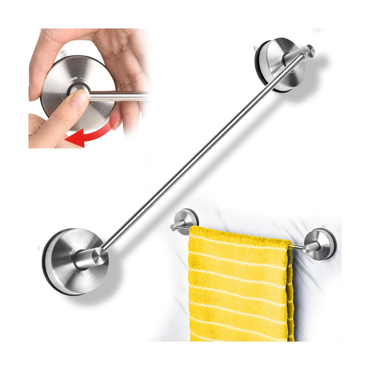 Yohom Suction Cup Towel Bar For Shower 17 Inch Stainless Steel Bathroom Towel Rack Suction Washcloth Holder Vacuum Hand Towel Ba