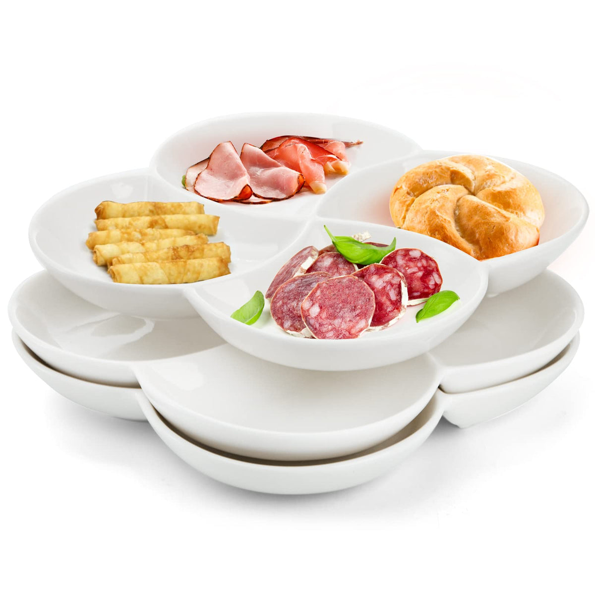 Zenfun Set Of 3 Porcelain Appetizer Platter With 4 Compartment, Flower-Shaped Candy And Nut Serving Tray Snack Serving Plate Dis