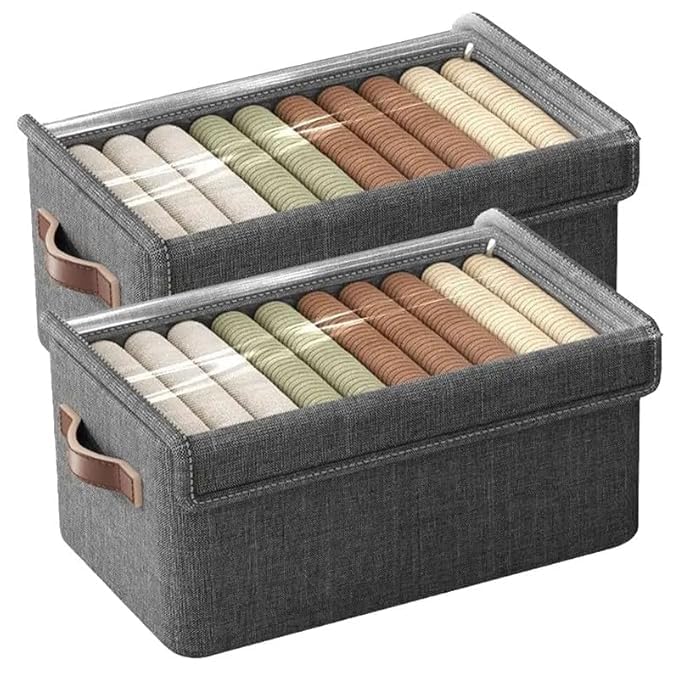 JigTik 26L Foldable Clothes Organizer For Wardrobe, Blanket Storage Box, Cloth And Dress Organiser Metal Frame Basket Bag With 
