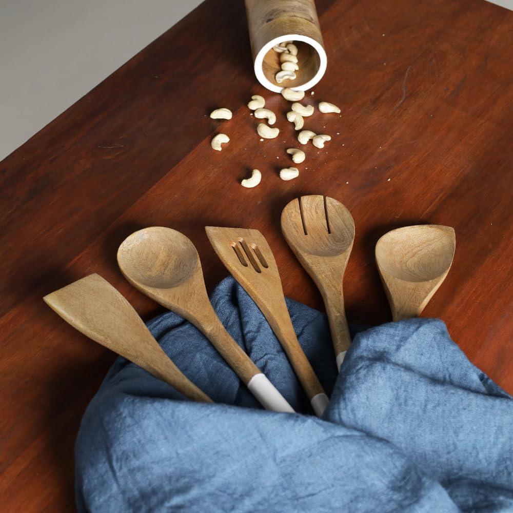 The Art Box Wooden Spoons For Cooking Set 5 For Baking, Natural Wood Solid Corner Spoon Slotted Turner Spatula Cooking Utensils
