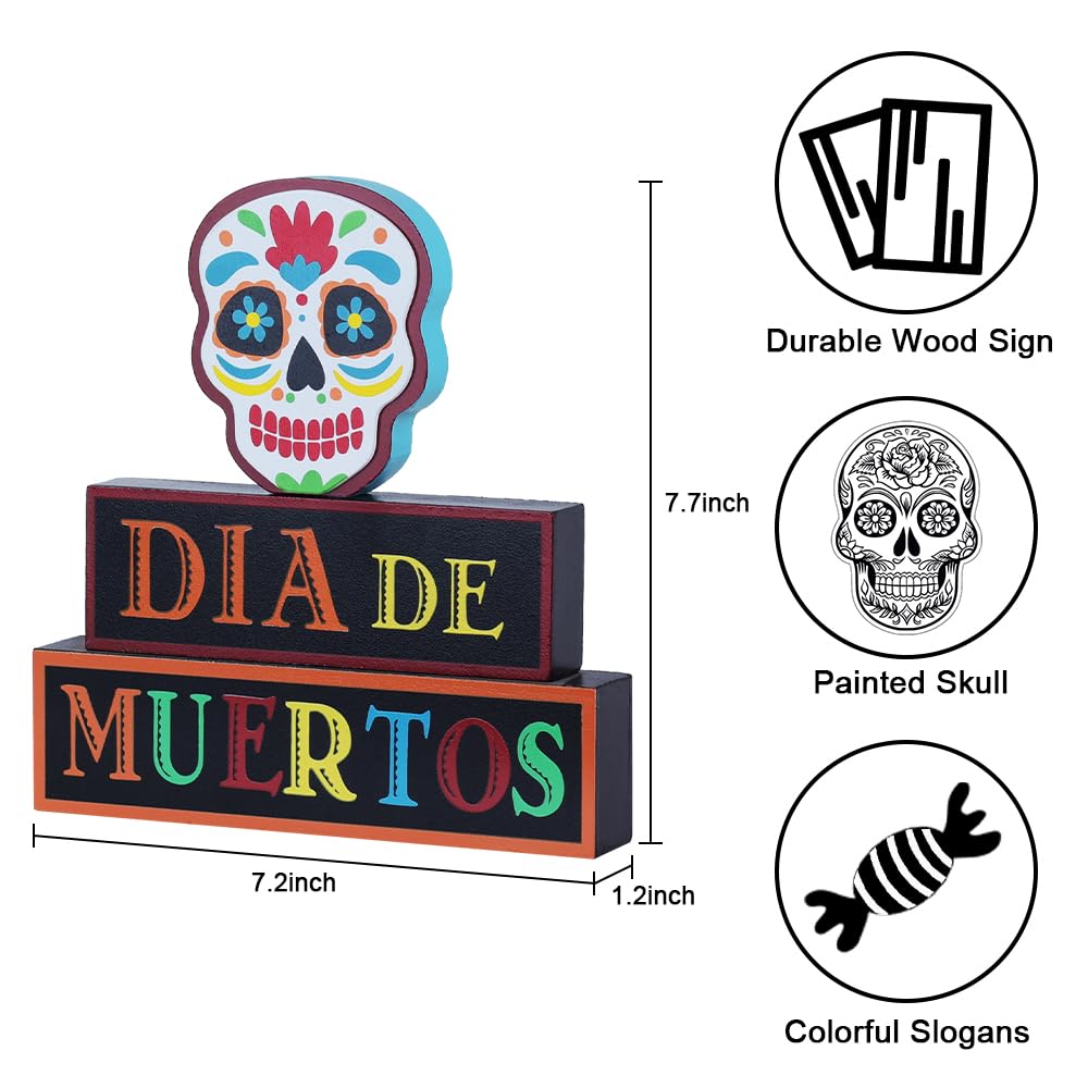 DECSPAS Day of the Dead Decorations, Wood Block Sugar Skull Dia De Los Muertos Decorations with DIA DE MUERTOS Sign, 3-Layered W