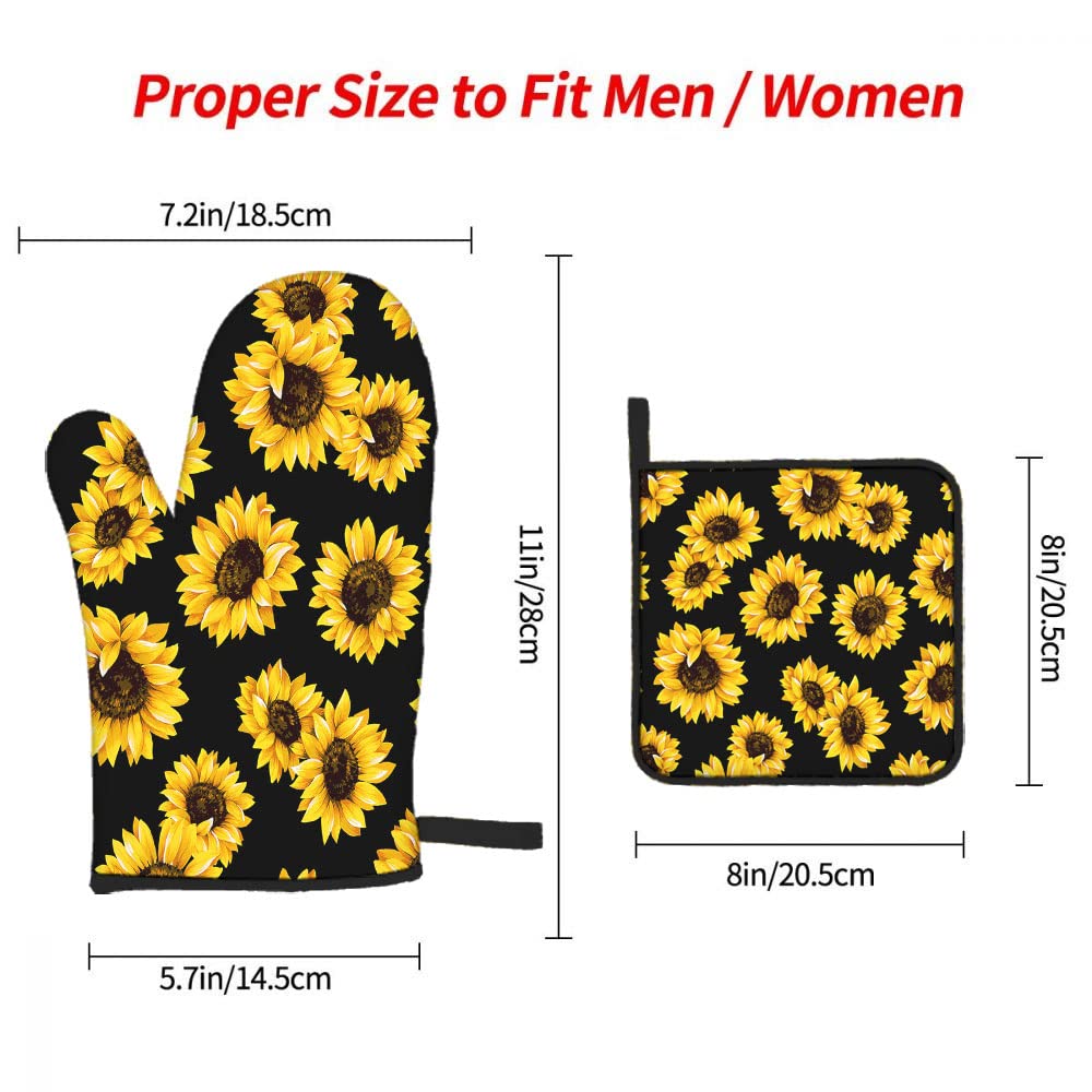 Mxocom Sunflowers Oven Mitts And Pot Holders Sets Of 3 Bbq Gloves For Kitchen,Cooking,Baking,Grilling Resistant Hot Pads For Wom