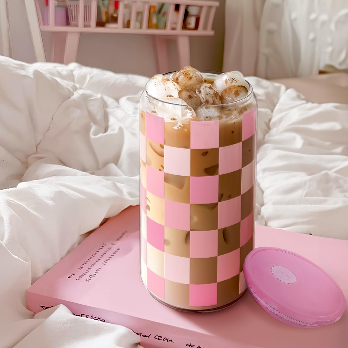Checker 16 Oz Can Glass Tumbler with Acrylic Lid and Straw - Iced Coffee Cups for Women, Aesthetic Glass Cup Gift for Birthday C