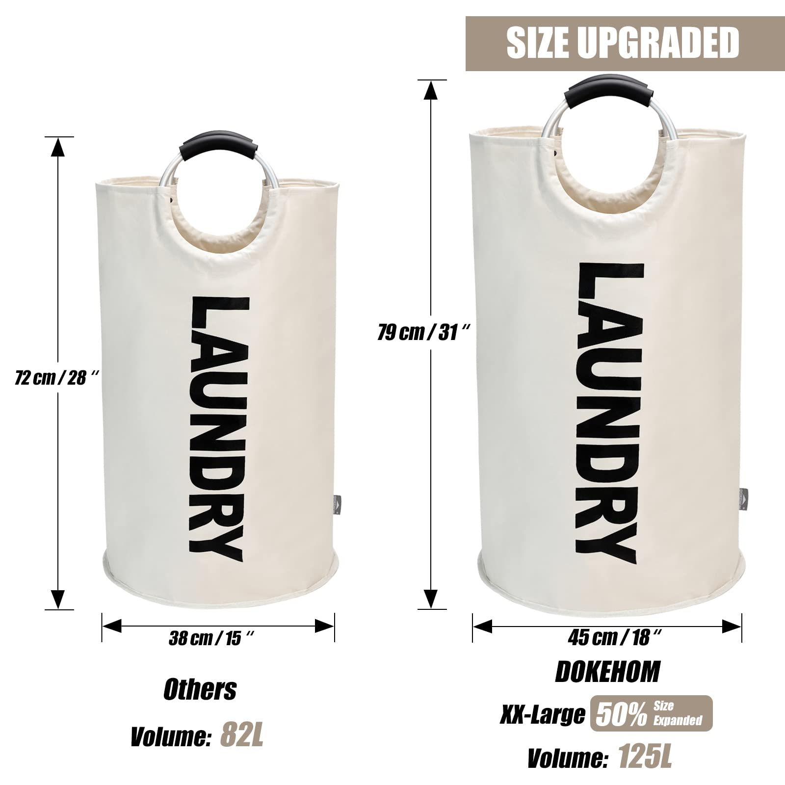 Dokehom 125L X-Large Laundry Basket, Collapsible Laundry Bag, Freestanding Tall Clothes Hamper, Foldable Washing Bin (Beige)