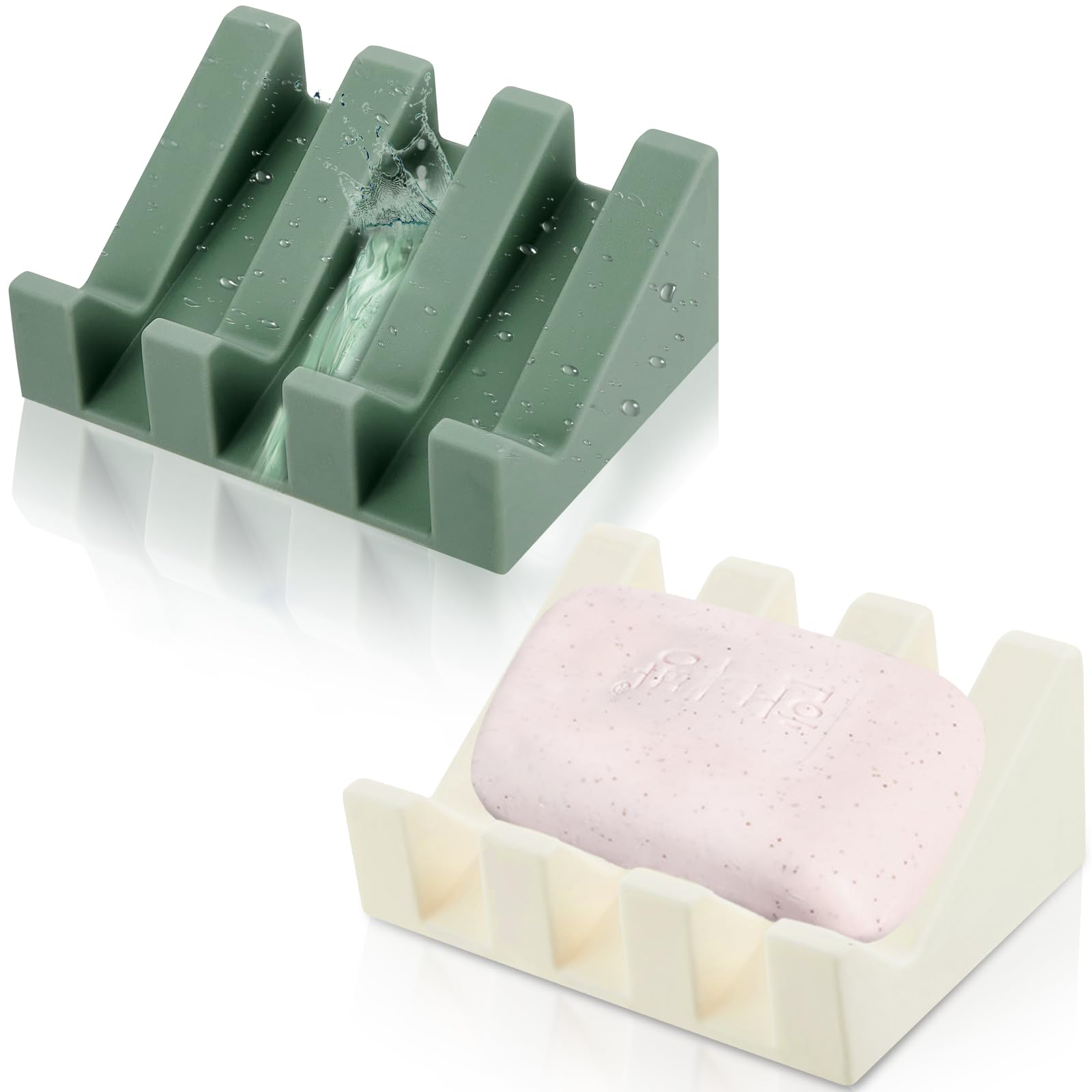 Cunhill 2 Pieces Silicone Soap Dish Self Draining Soap Dish Shower Waterfall Bar Soap Holder Tray with Drain Soap Saver for Kitc