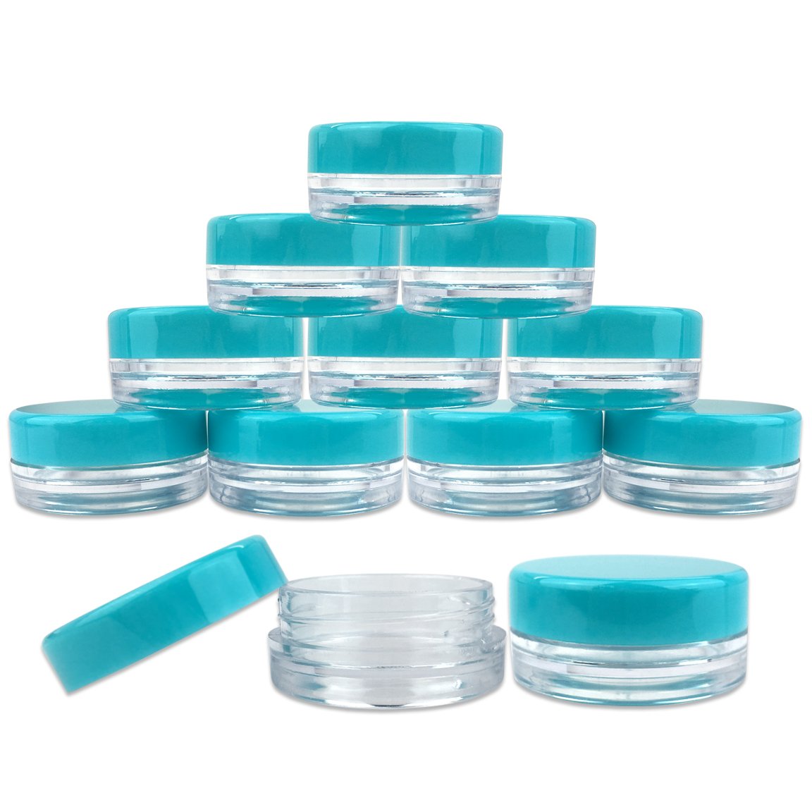 (200 Pieces Jars + Lid) Beauticom 3G/3ML Round Clear Jars with TEAL Sky Blue Screw Cap Lids for Scrubs  Oils  Toner  Salves  Creams  Lotions  Makeup Samples  Lip Balms - BPA Free