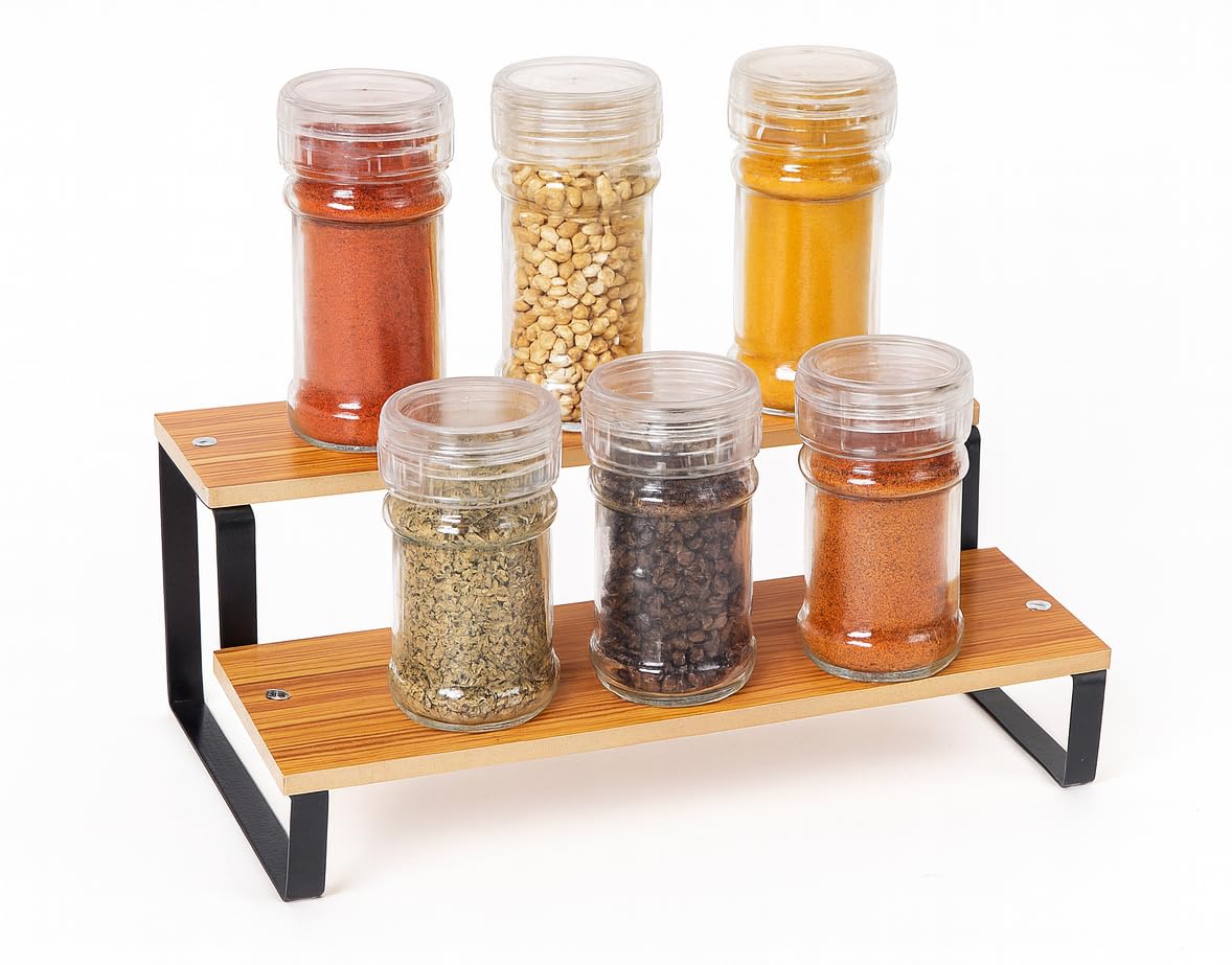 Craft Expertise 2Step Kitchen Spice Rack Organizer, Brown Wood And Iron Construction, Modern Style, 36X20X15 Cm, Rustic Finish,