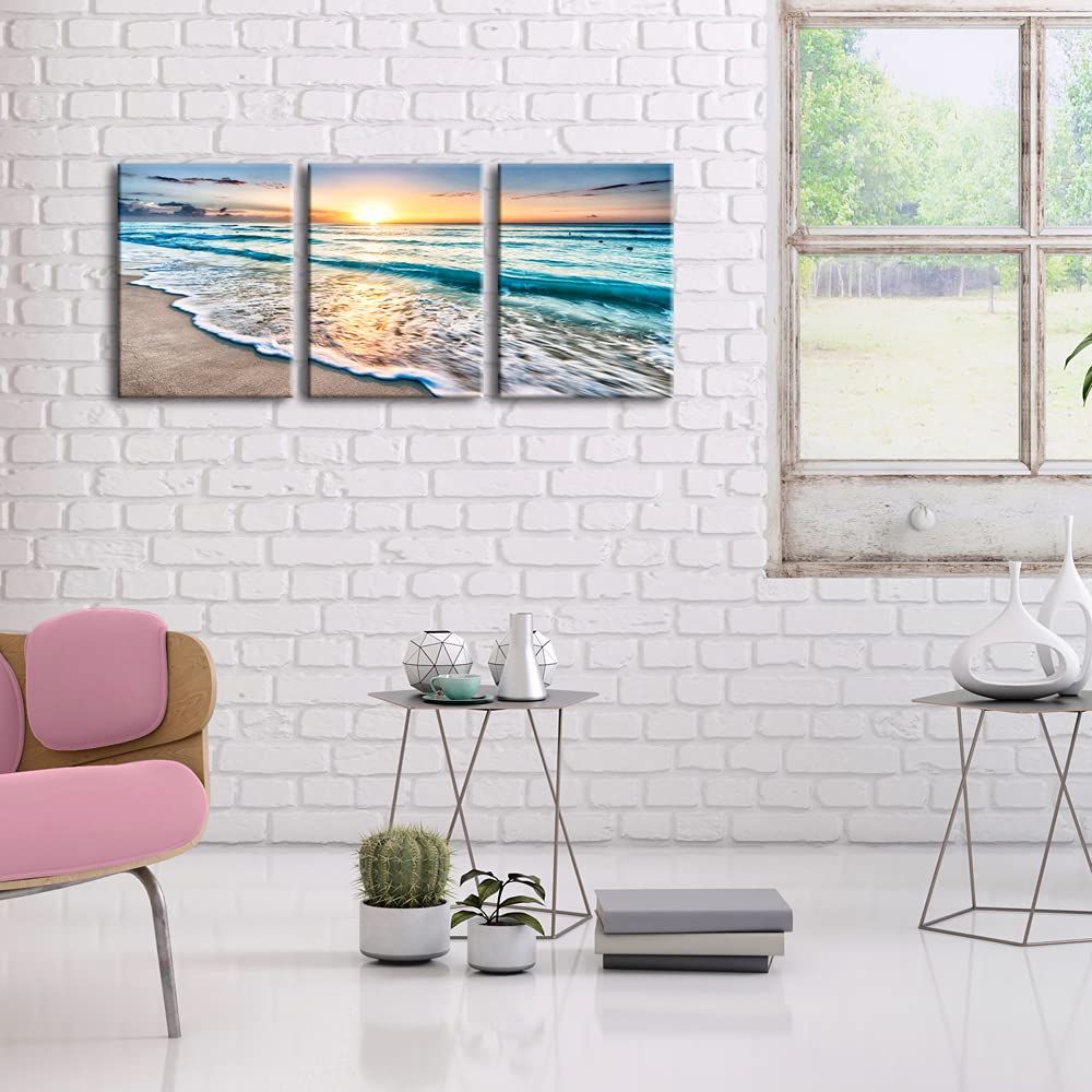 Wieco Art 3 Panel Blue Beach Canvas Wall Art For Home Decor Sunset White Wave Beach Pictures On Canvas Sea View Canvas Prints Ar