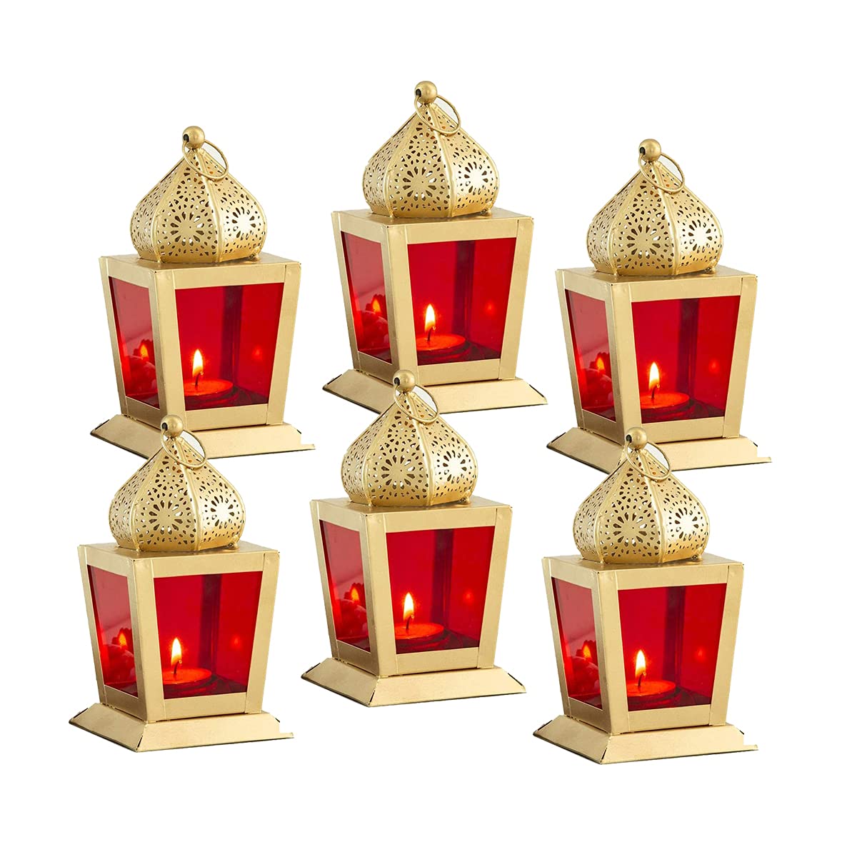 Imrab Creations Moksha Antique Sweetheart Square Hanging Lantern | Laltain Lamp with Tealight Candle Holder (Red, Set of 6, Comb