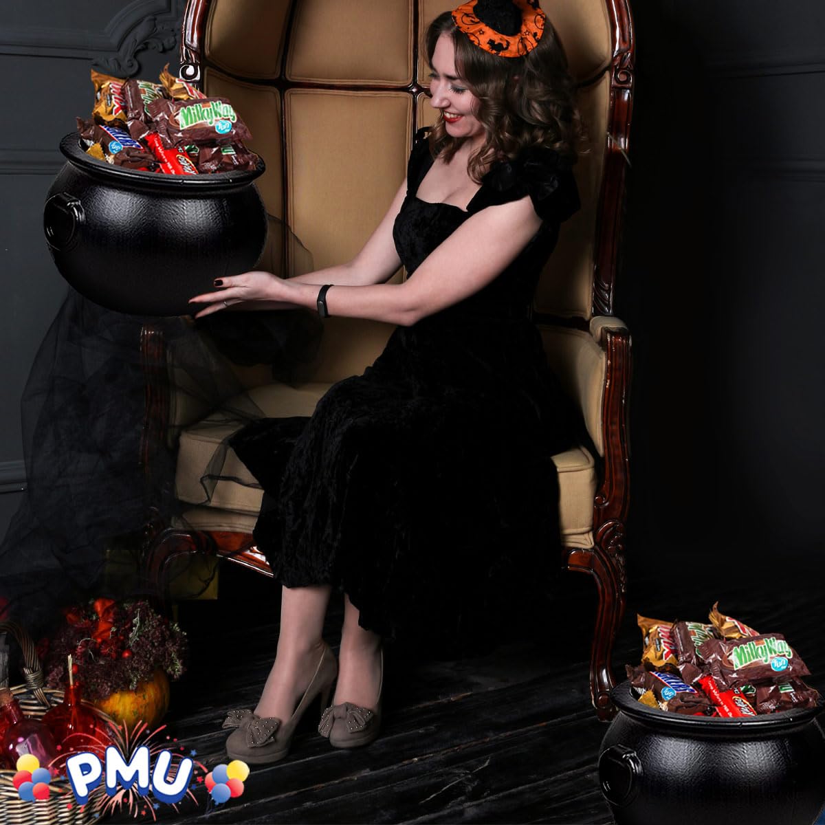 PMU Halloween Cauldron 12 Inch,Witch Plastic Cauldron Candy bowl Black, For Halloween Decor Pkg/1