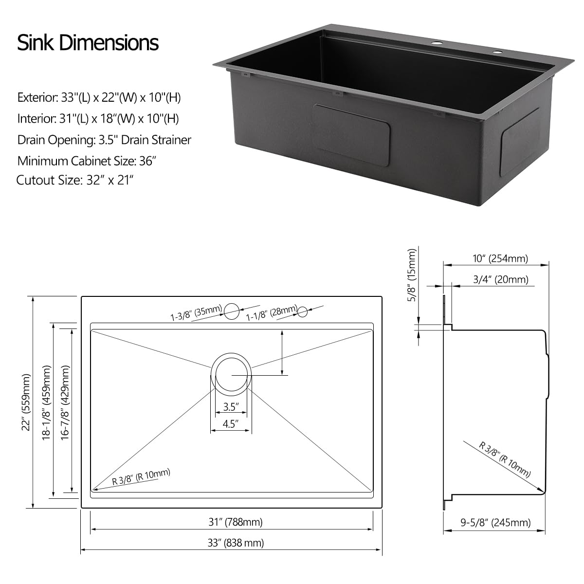 33 Drop In Black Workstation Kitchen Sink, Luckyhorse 33X22 16 Gauge Gunmetal Black Stainless Steel Sink Drop In Workstation Kit