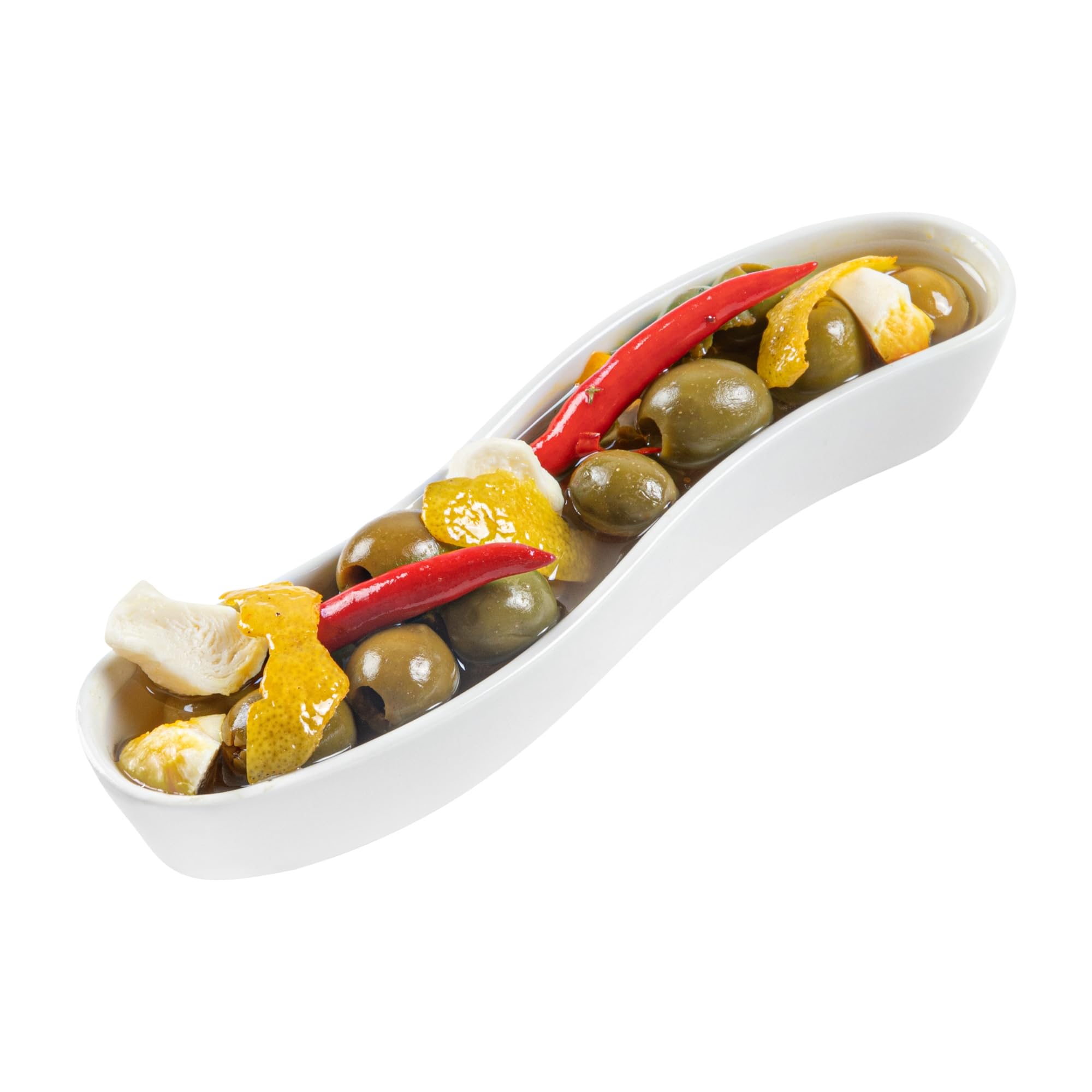 Swerve 6 Ounce Olive Plate, 1 Curved Olive Tray - Large, Chip Resistant, White Porcelain Olive Canoe, Dishwasher Safe, For Snack