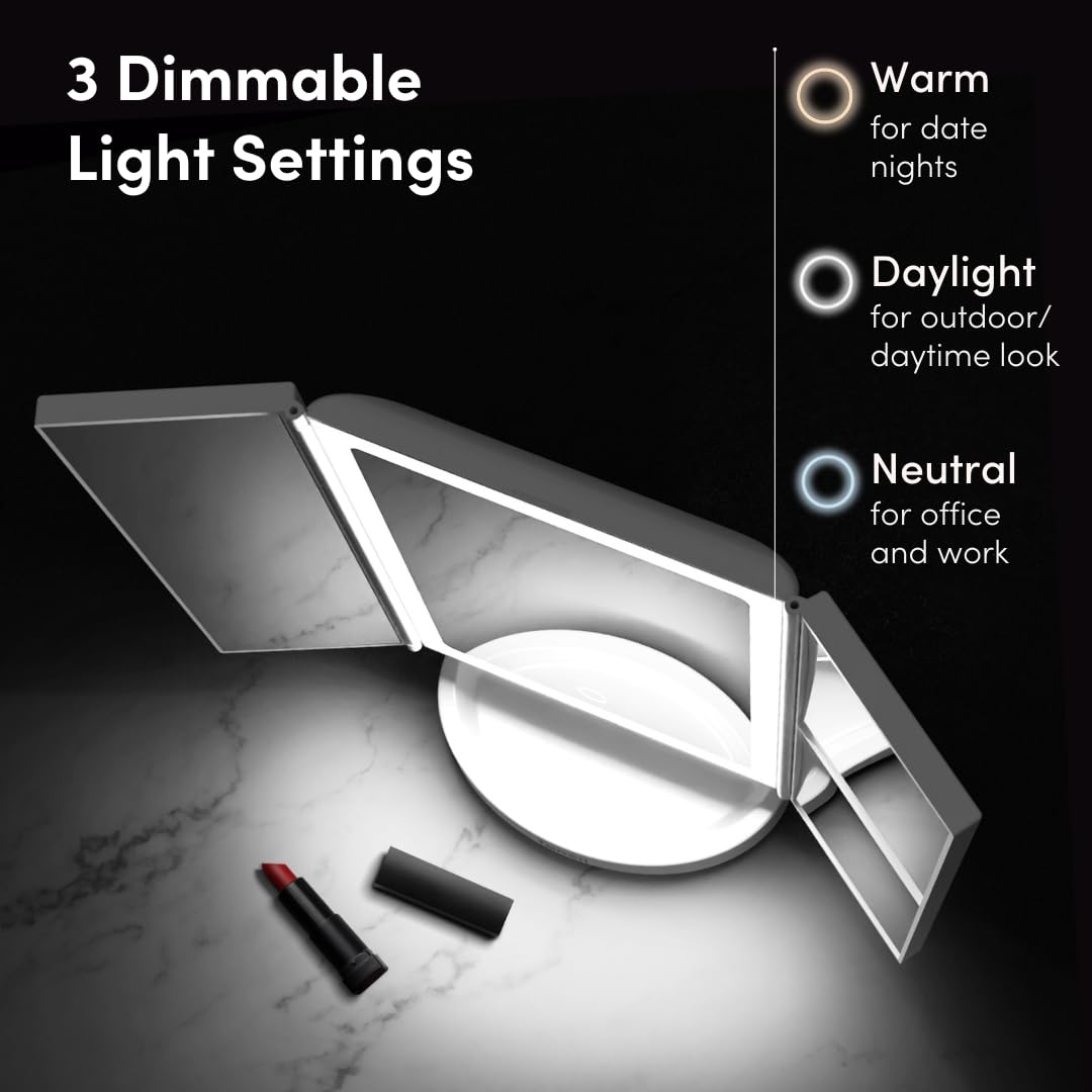 Fancii Trifold LED Makeup Mirror - Rechargeable, 5X & 10X Magnification, Touch Screen, White, 11"L x 7"W, Model FC-RVMM151