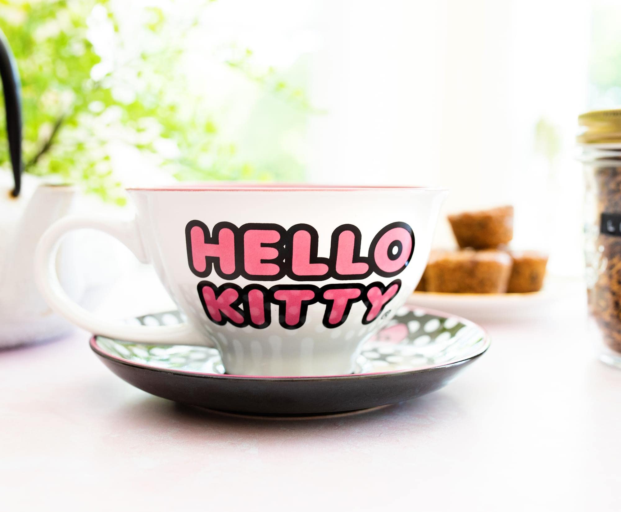Silver Buffalo Sanrio Hello Kitty Ceramic Teacup And Saucer Set | Tea Party Gift Set For Coffee, Espresso - 12 Ounce