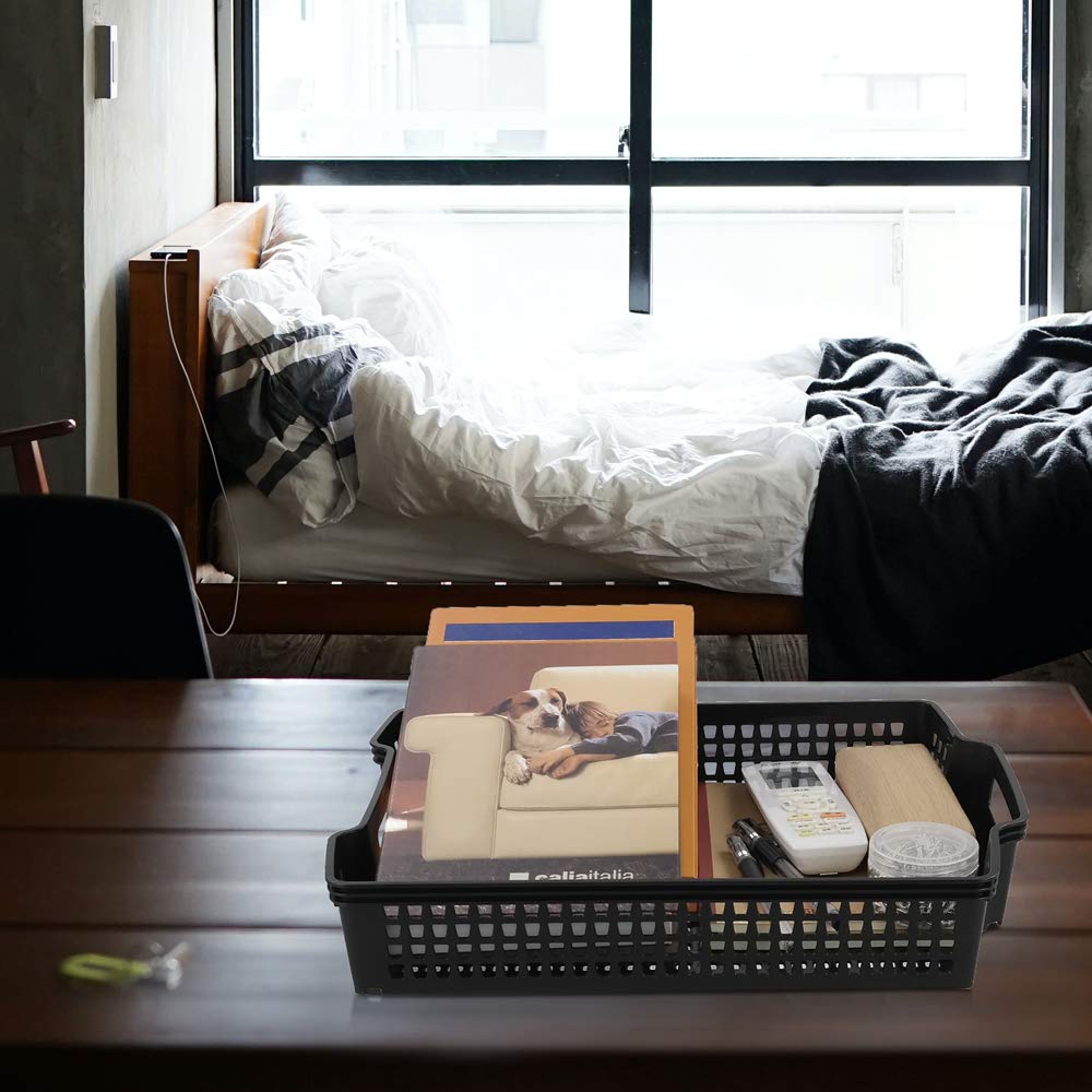 Sandmovie Large Basket Tray For Storage, Plastic Kitchen Classroom Office Organizer, Black, 6 Packs