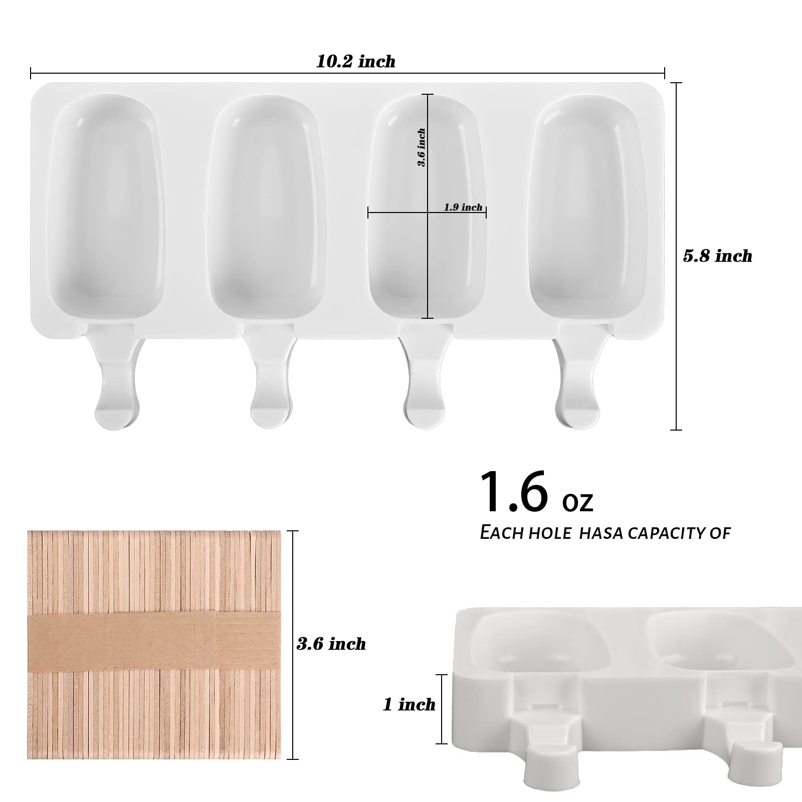 Sakolla Popsicle Silicone Mold, 4 Cavities Ice Pop Molds, Ice Cream Mold Oval Cake Molds With 50 Wooden Sticks