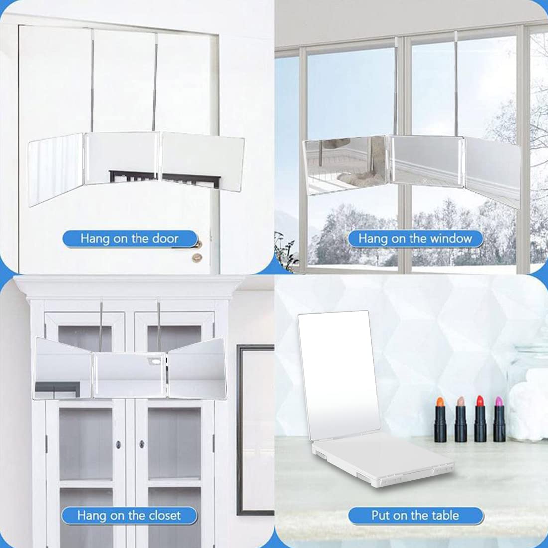 Hieey 3 Way Mirror For Hair Cutting With Led,360 Trifold Mirror With Height Adjustable Telescoping Hooks,And 5X Magnification Mi