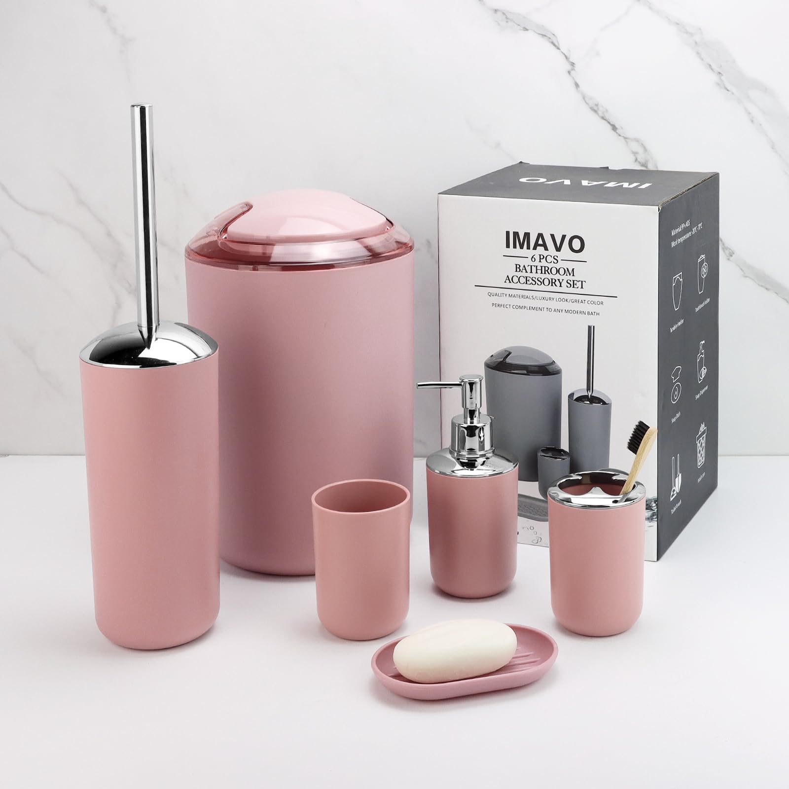 7 Piece Pink Bathroom Set,Soap Dispenser,Toilet Brush,Trash Can & D  cor Tray,Complete Accessories for Bathroom Organization & H