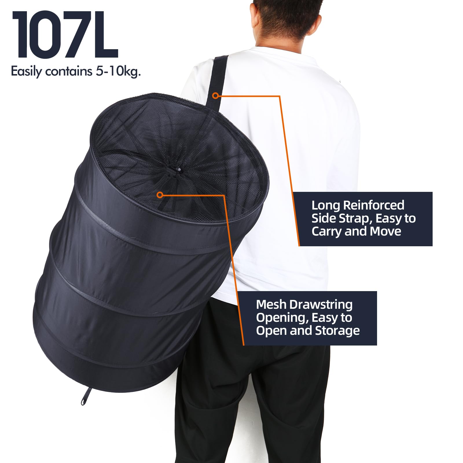 Battoo Collapsible Laundry Baskets- Foldable Hamper For Laundry Extra Large Pop Up Laundry Hamper 107L With Long Straps Drawstri