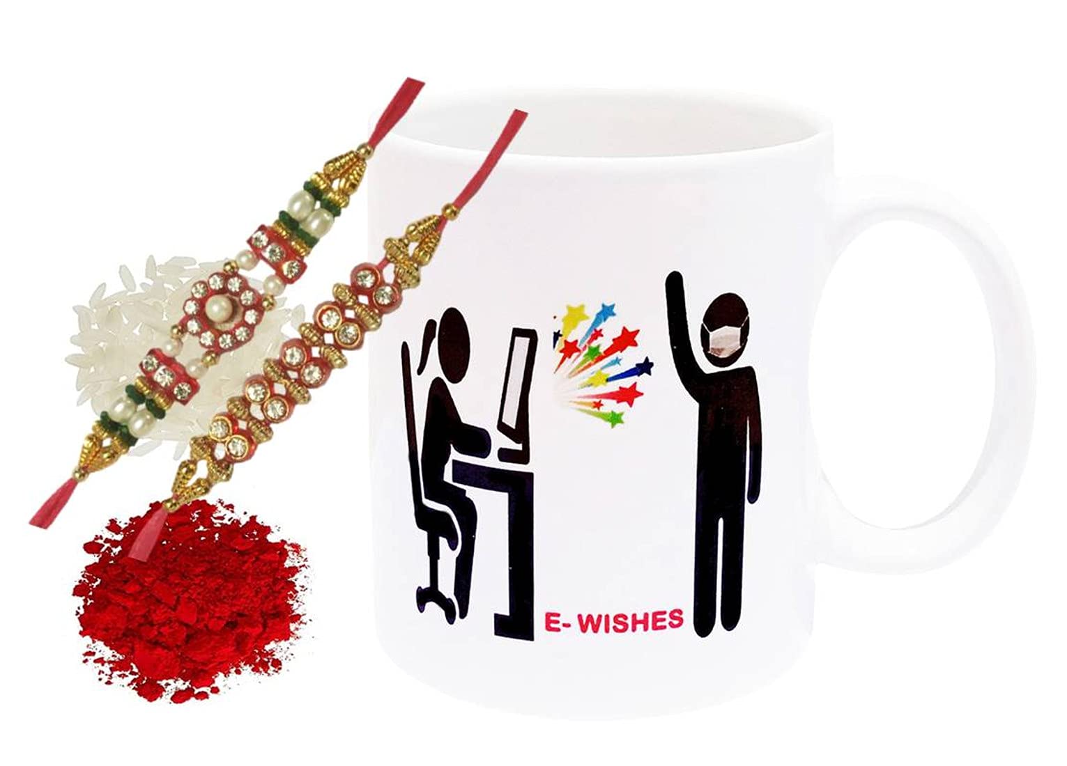 Purpledip Rakhi Hamper: Ewishes Ceramic Mug, 2 Designer Rakhi & Roli Chawal (rakhi64a)