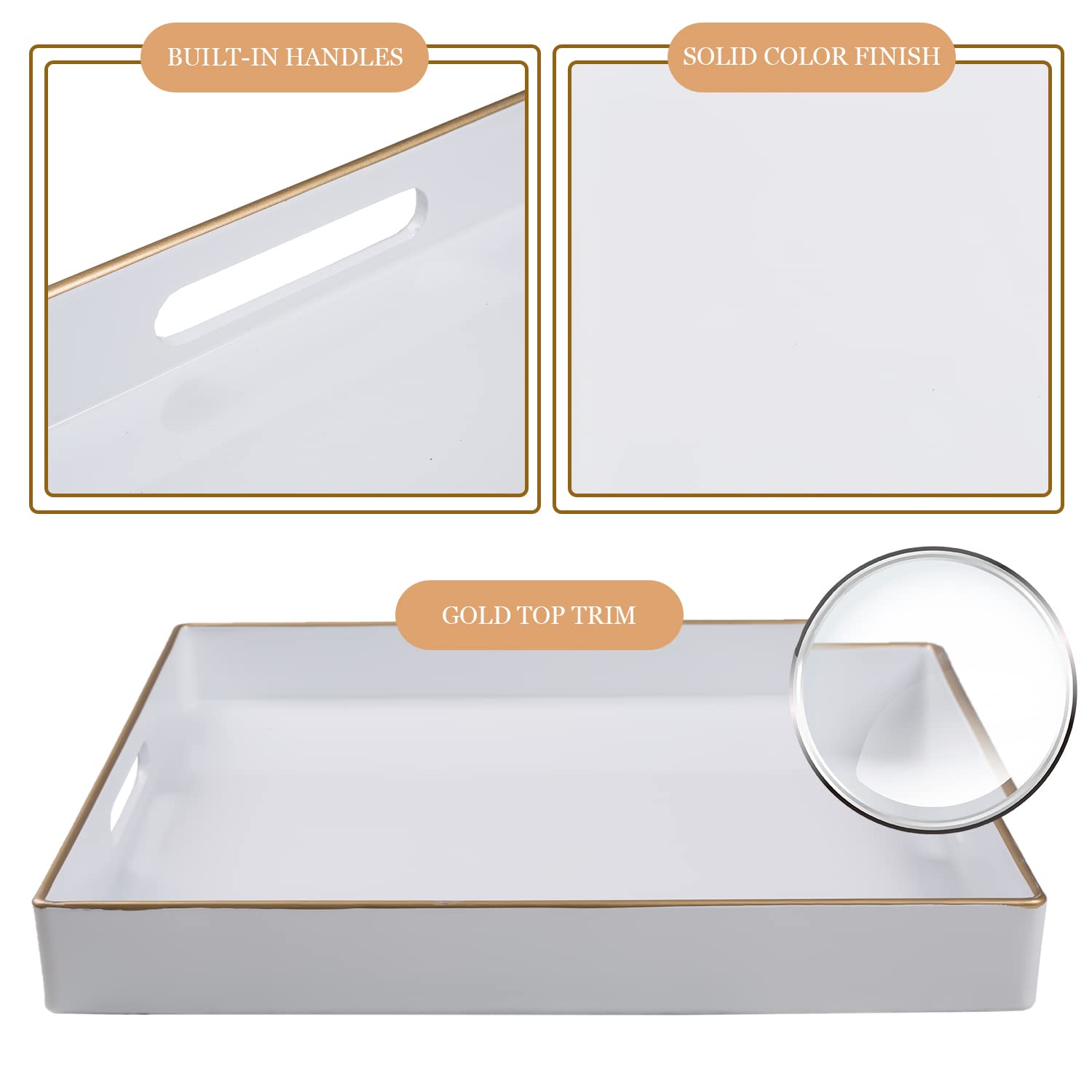 MAONAME Decorative Tray  White Serving Tray with Handles  Coffee Table Tray  Square Plastic Tray for Ottoman  Bathroom  Kitchen  13''x13''x1.57''