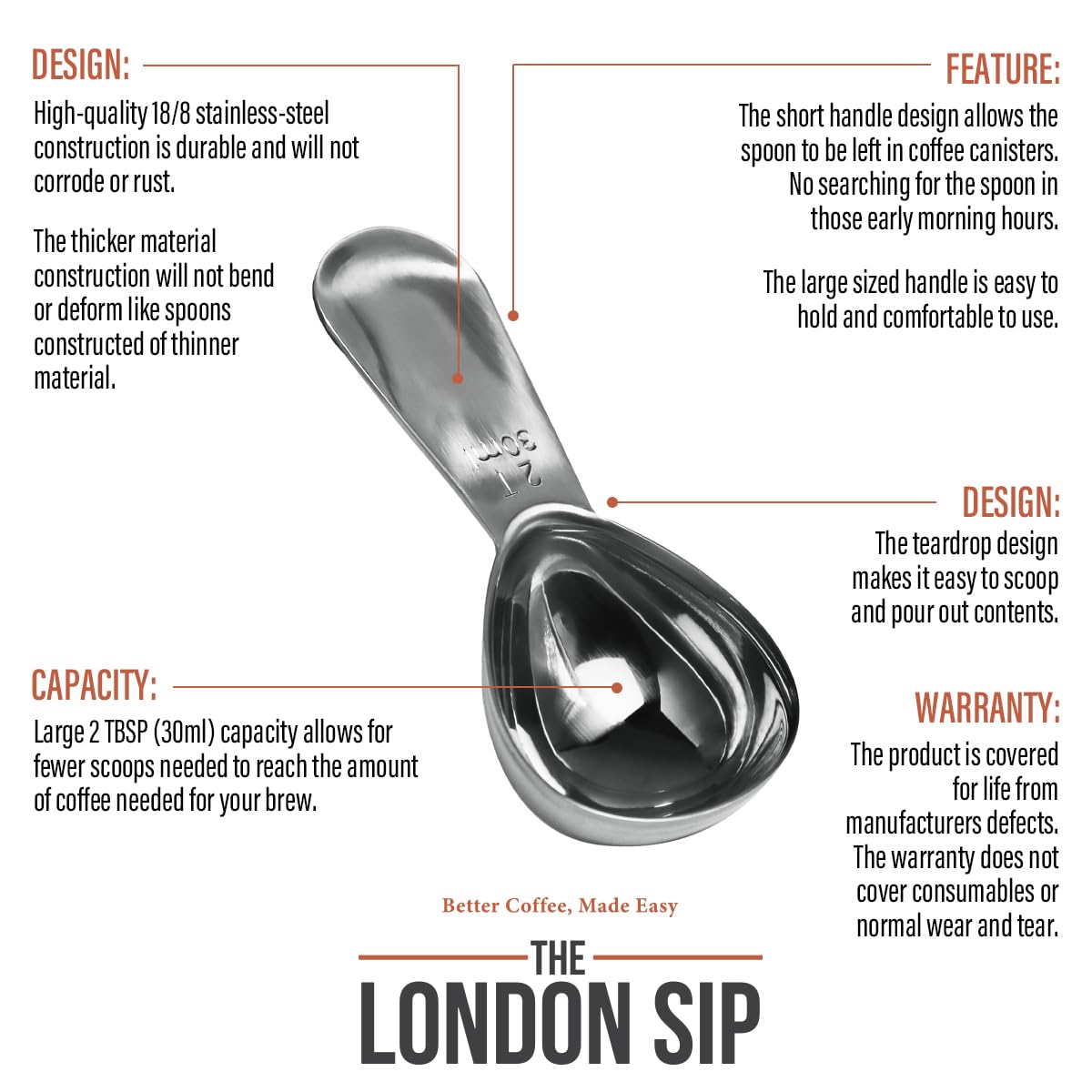 The London Sip Stainless Steel Coffee Scoop - 2 Tbsp, Model CS230, Ideal for Ground Coffee and Tea