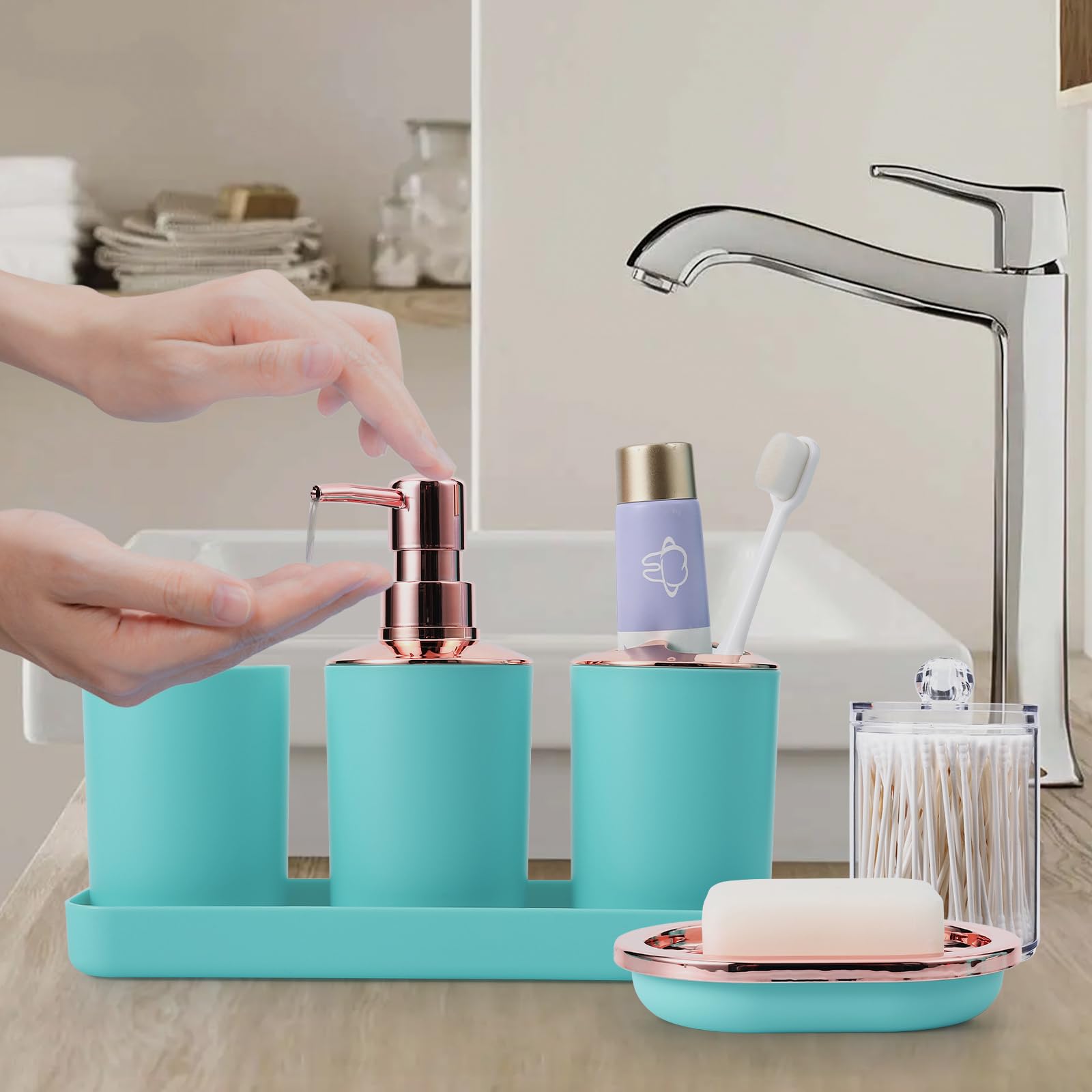 BSSN Teal Bathroom Accessories Set - 9 Piece Collection, Polypropylene & ABS, Includes Trash Can, Soap Dispenser, and More