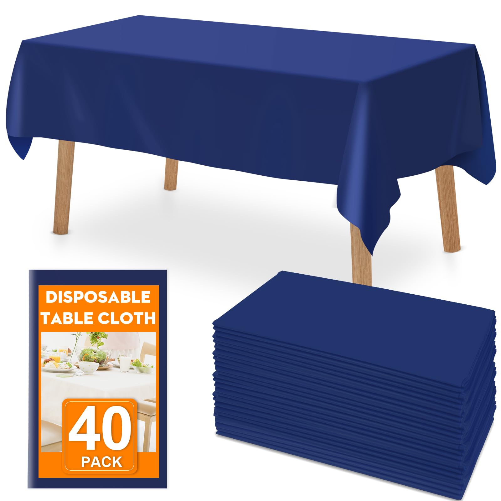 RowinsyDD 40 Pack Blue Plastic Table Cloths Disposable, 54 x 108 Inches Plastic Table Cover for Rectangle Tables, Disposable Tab