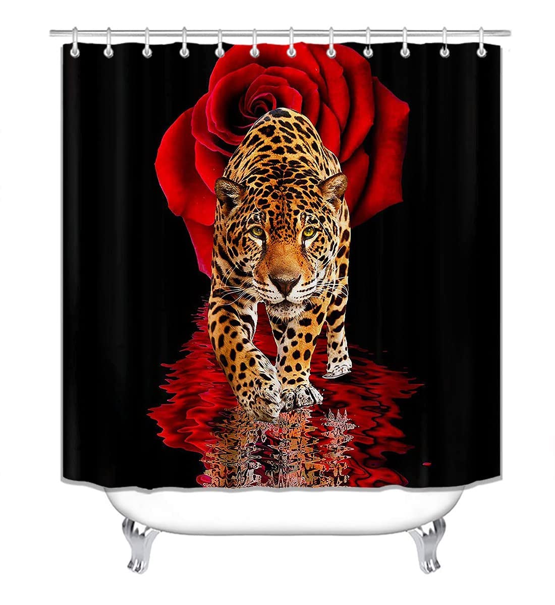 Jieprom 4Pcs Red Rose And Leopard Shower Curtain Set With Non-Slip Rugs, Toilet Lid Cover And Bath Mat, Animal Shower Curtain Wi