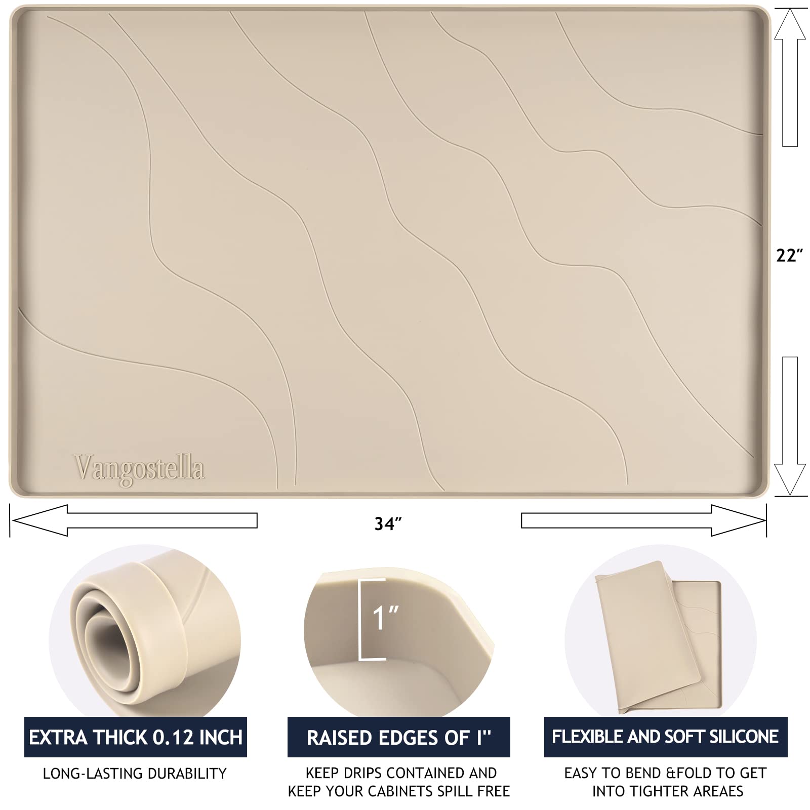 Vangostella Heavy Duty Silicone Under Sink Mats For Kitchen Waterproof 34 '' X 22 '', Extra Thick Under Sink Rubber Mat Drip Tra
