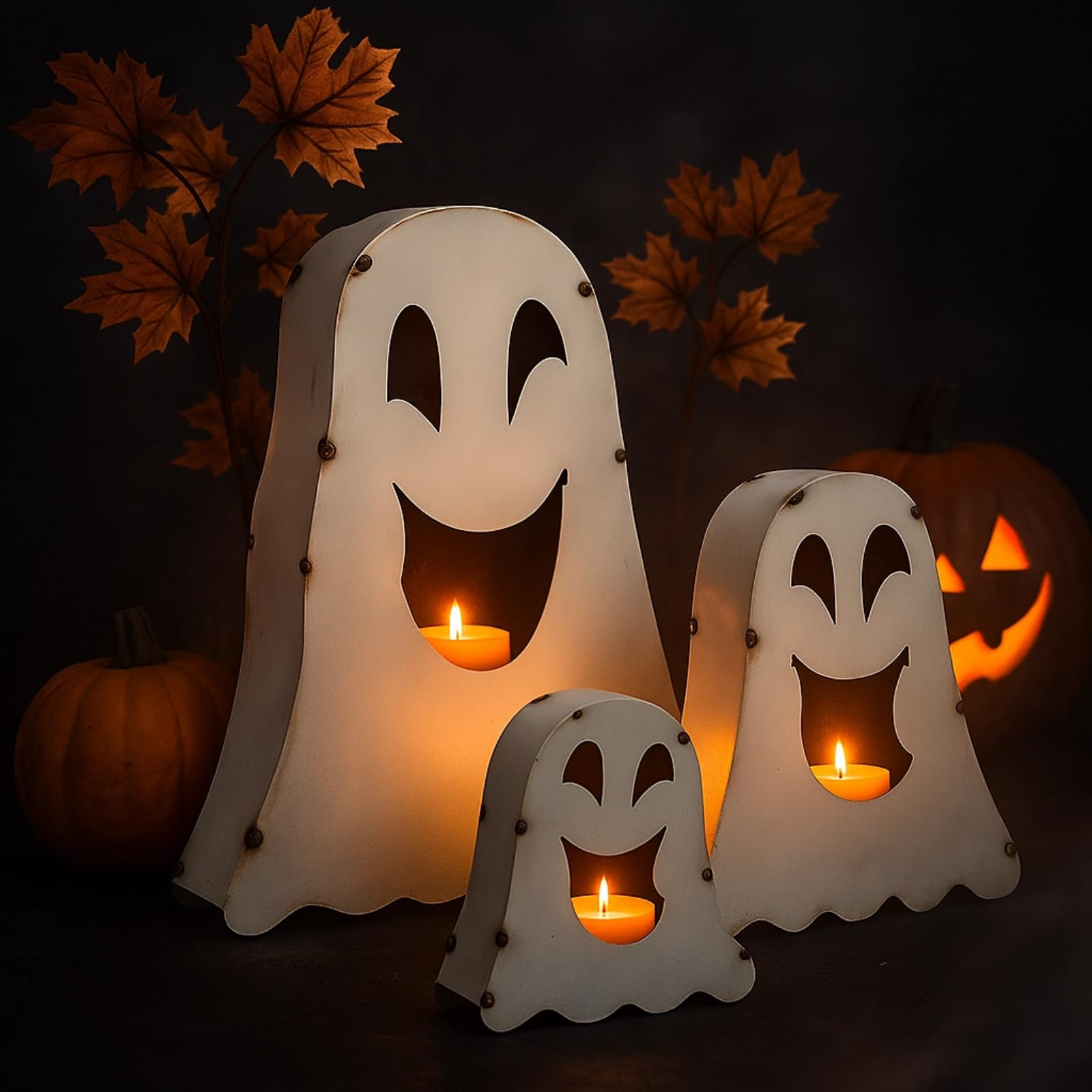 Otoolling 3 Pack Halloween Ghost Metal Lanterns 11-19 Tall 3 Size Large Metal Spooky Ghost Candleholders Centerpiece for Indoor