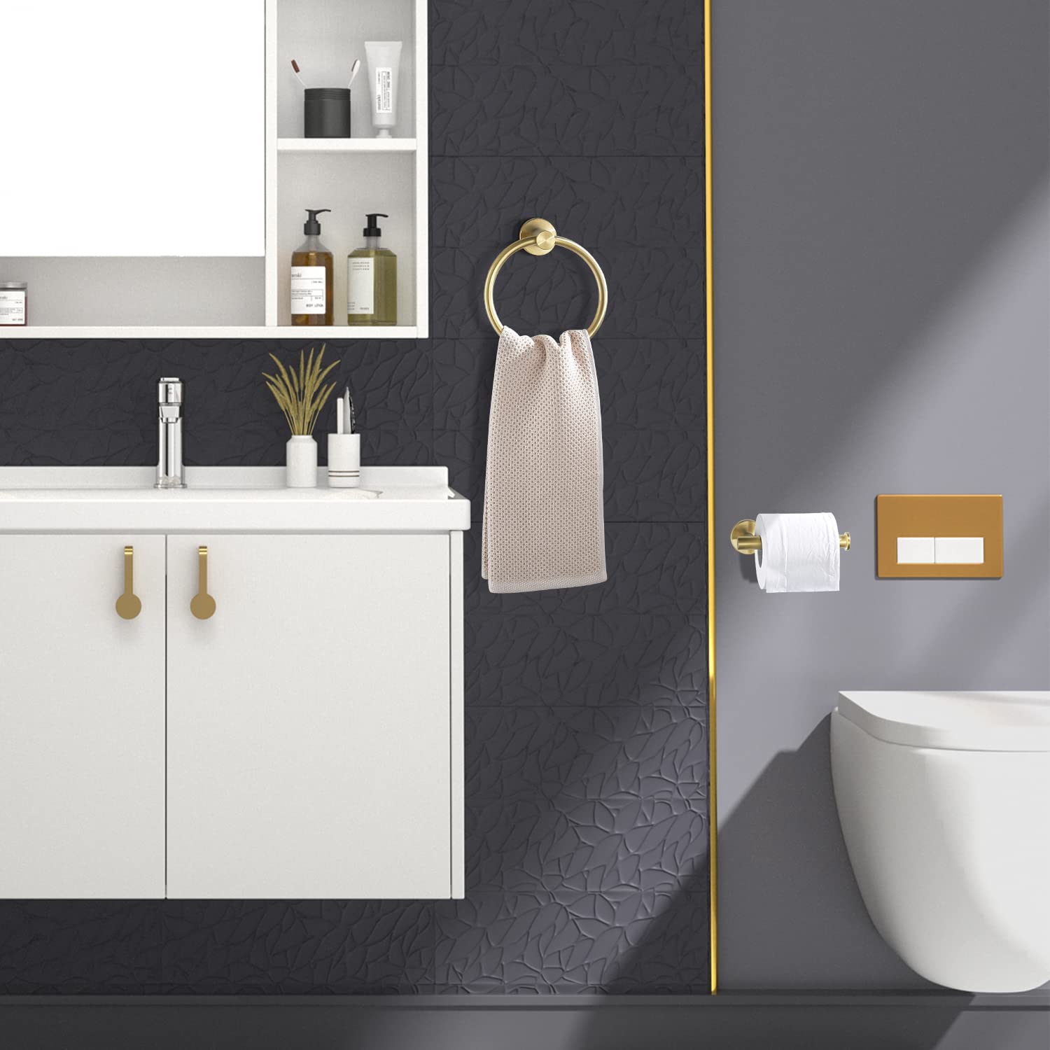 WEIKO Toilet Paper Holder Towel Ring Brushed Gold Bathroom Hardware Hand Towel Holder Bathroom Accessories Set Wall Mount Stainless Steel 2 Pieces