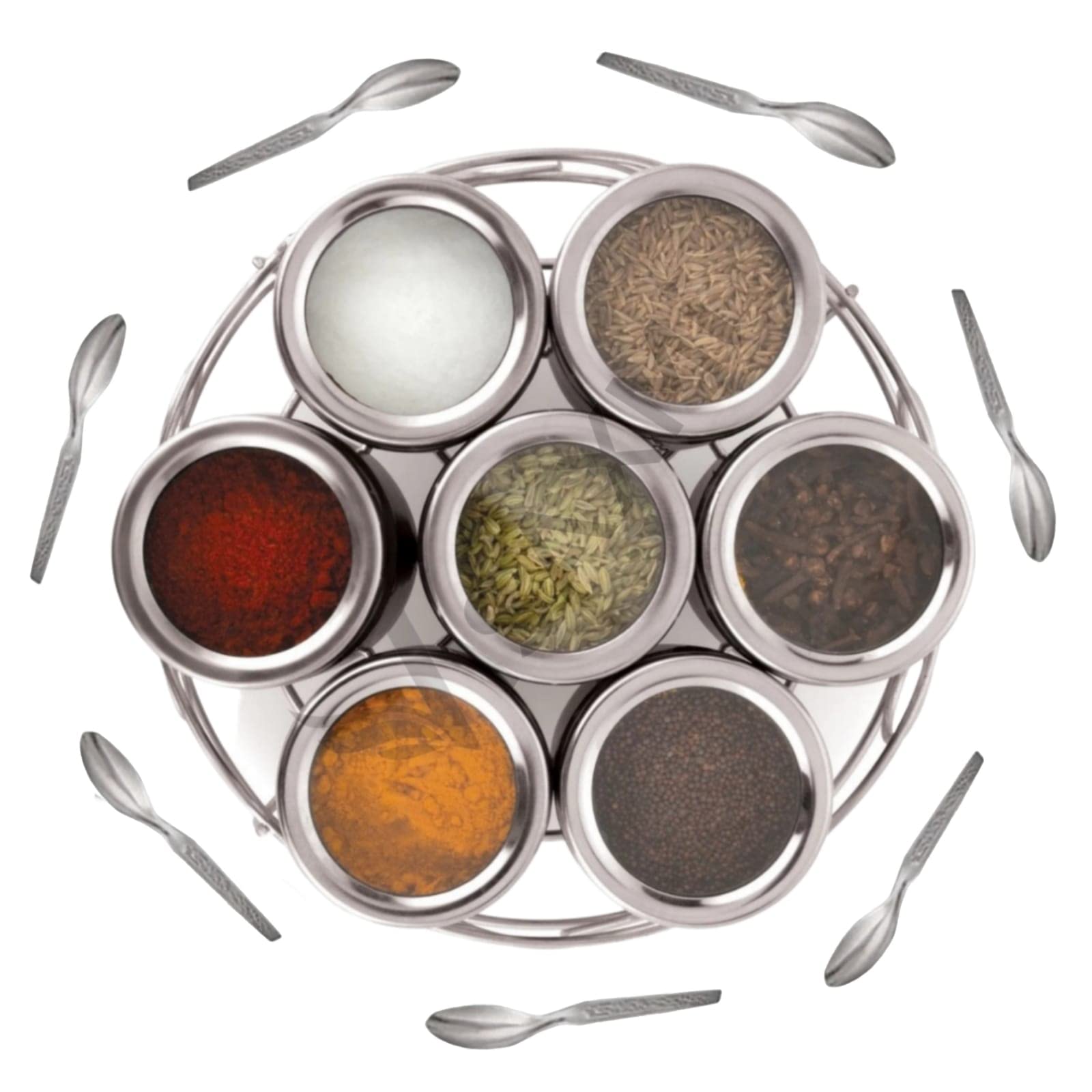 Visaxmi Steel Masala Dabba (Box) | Masala Box For Kitchen | Steel Masala Dani | Spice Box See Through Lid With 7 Spoons (Pack Of