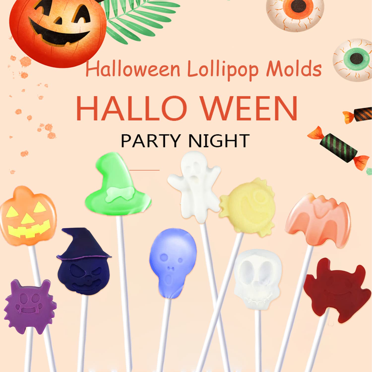 303Pcs Halloween Lollipop Molds Set Halloween Candy Mold Pumpkin Evil Skull Ghost Silicone Molds Lolly Pop Tray Sucker Molds Har
