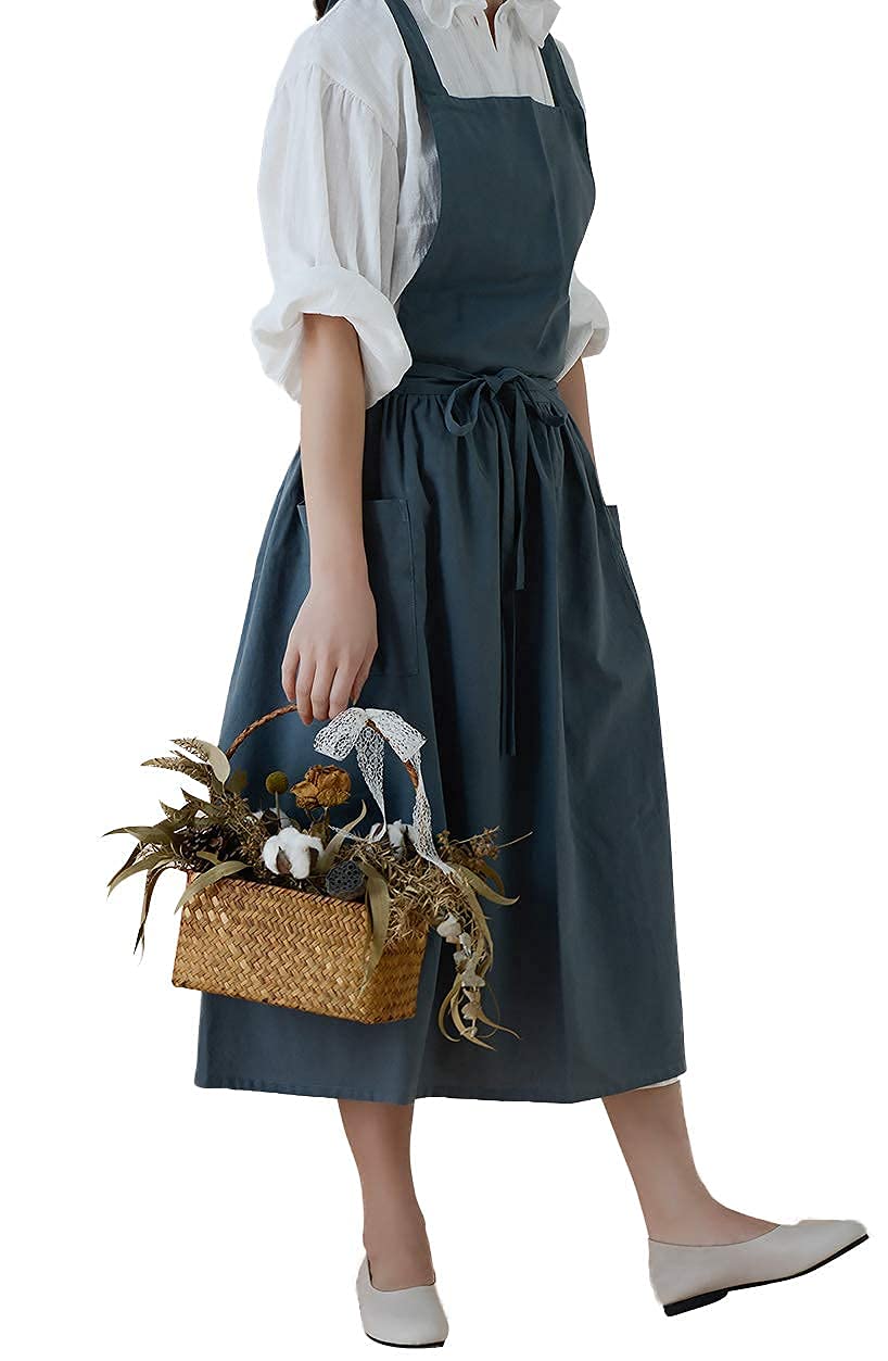 Losofar Cotton Pleated Apron Retro Waterdrop Proof Garden Cleaning Pinafore Dress (Green, 103Cmx86Cm)