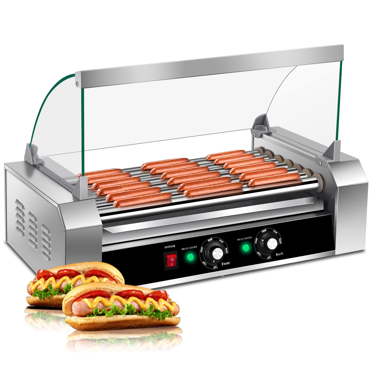 Kotek Hot Dog Roller Machine, 18 Hot Dog And 7 Non-Stick Roller, Sausage Grill Cooker Machine With Glass Cover, Drip Tray, Dual
